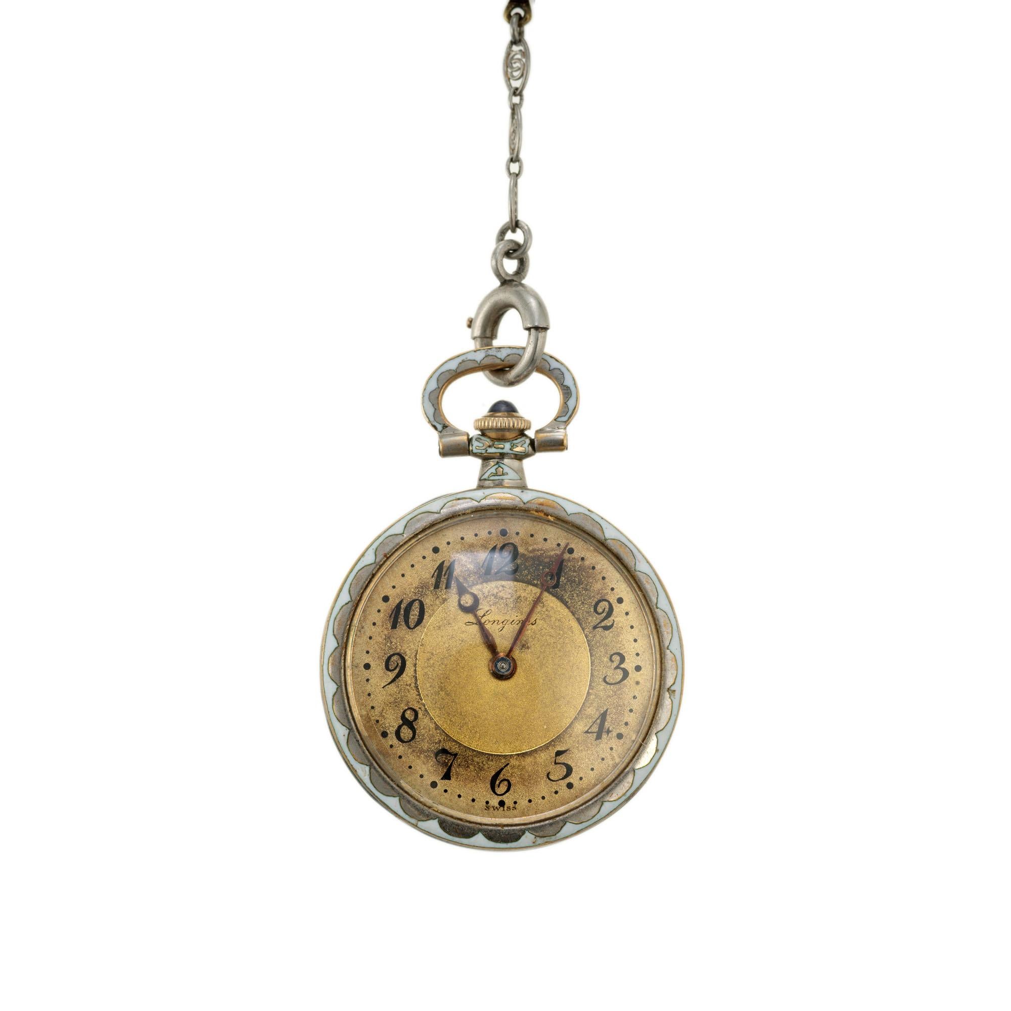 Longines Grey Blue White Gold Art Deco Enamel Watch Pendant For Sale 3