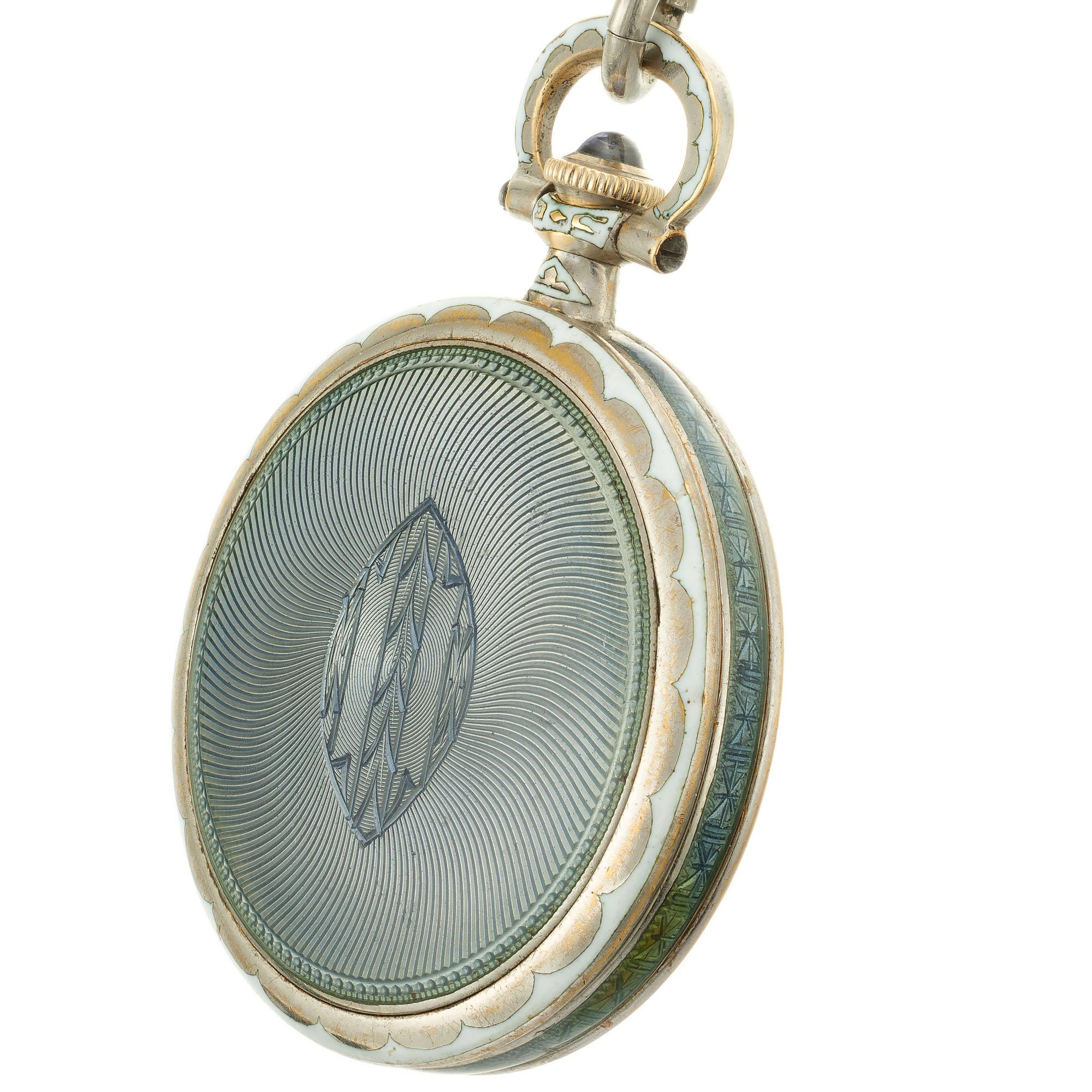 Longines Grey Blue White Gold Art Deco Enamel Watch Pendant In Good Condition For Sale In Stamford, CT