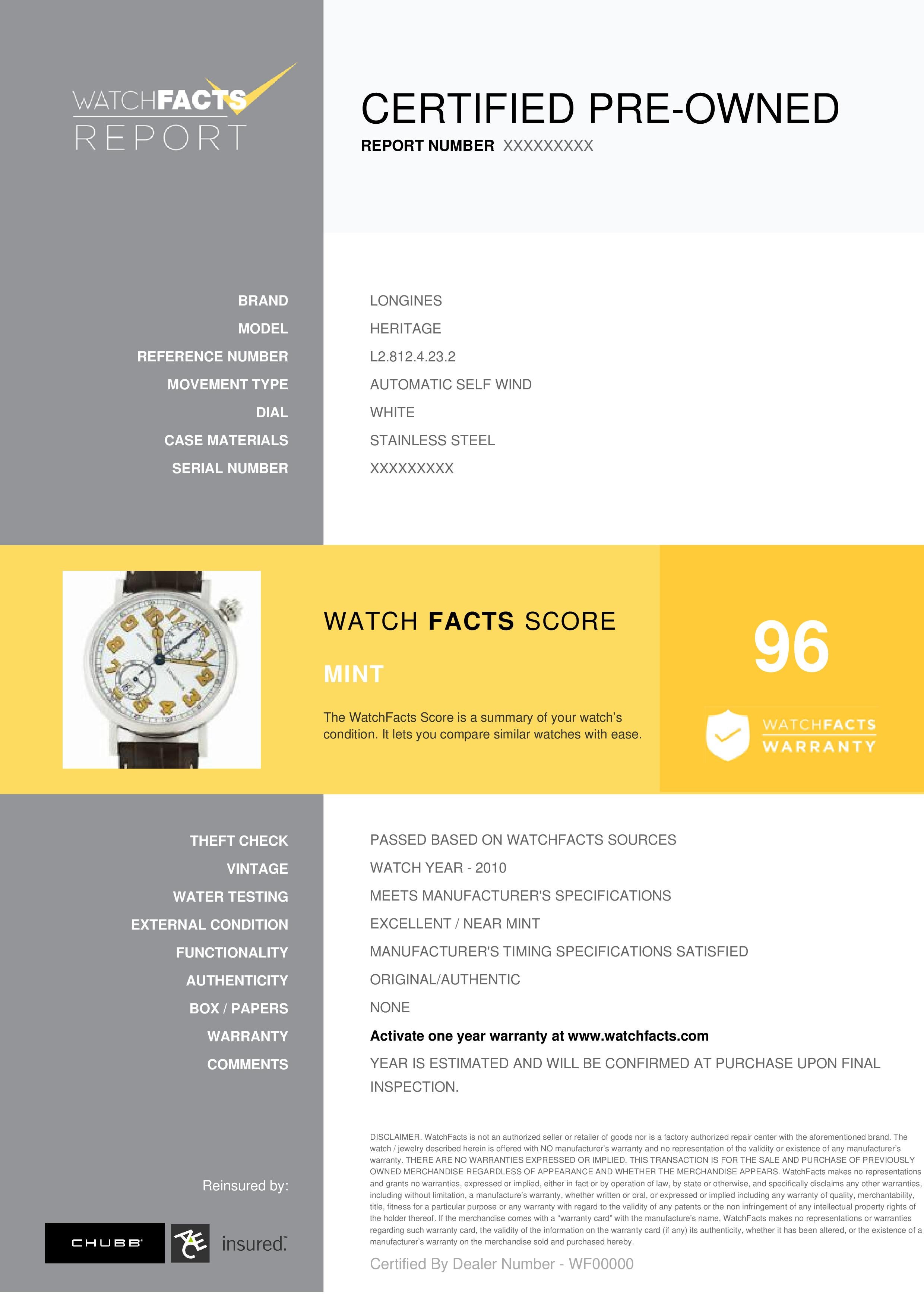 Longines Heritage Referenz #: L2.812.4.23.2. Herren Automatikuhr Edelstahl Weiß 41 MM. Geprüft und zertifiziert von WatchFacts. 1 Jahr Garantie:: angeboten von WatchFacts.