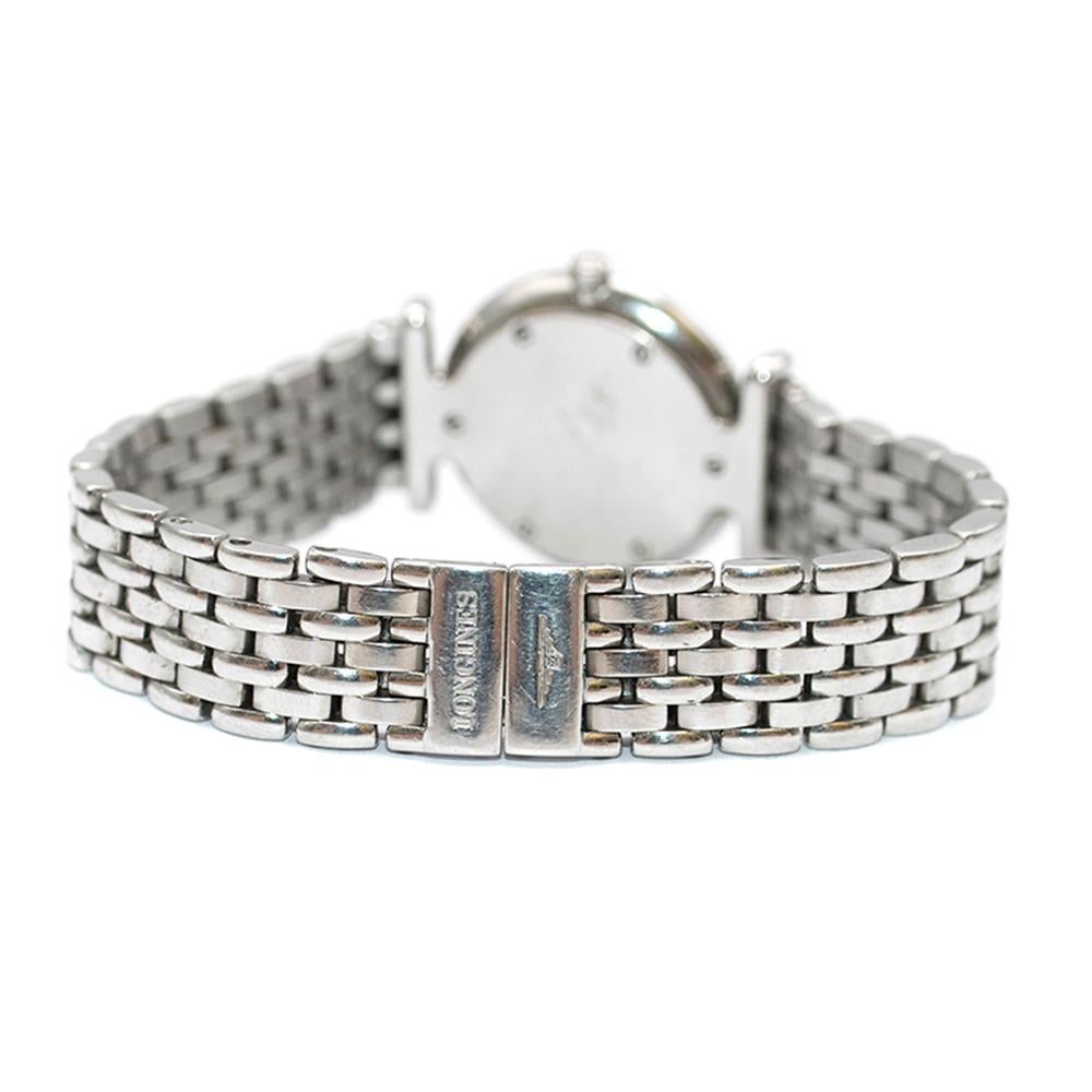 LONGINES La Grande Classique Diamond Ladies Watch

-Swiss made Quartz Movement
-White dial
-Stainless steel polished case 24mm diameter; Bezel set with 48 Diamonds (0.48 ct; VVS)
-Sapphire Crystal - Scratch Resistant
-Stainless Steel Bracelet with