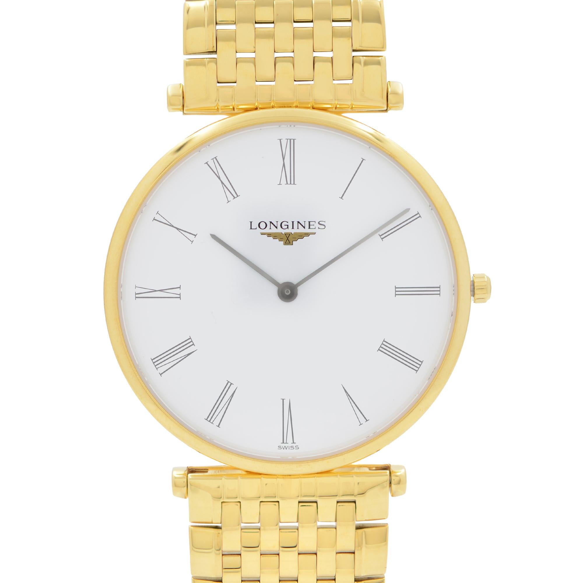 Store Display Model have minor blemishes on the back case. Longines La Grande Classique Gold-Tone White Roman Dial Men's Quartz Watch L4.755.2.11.8. This Beautiful Timepiece is Powered by Quartz (Battery) Movement and Features: Round Yellow Gold PVD