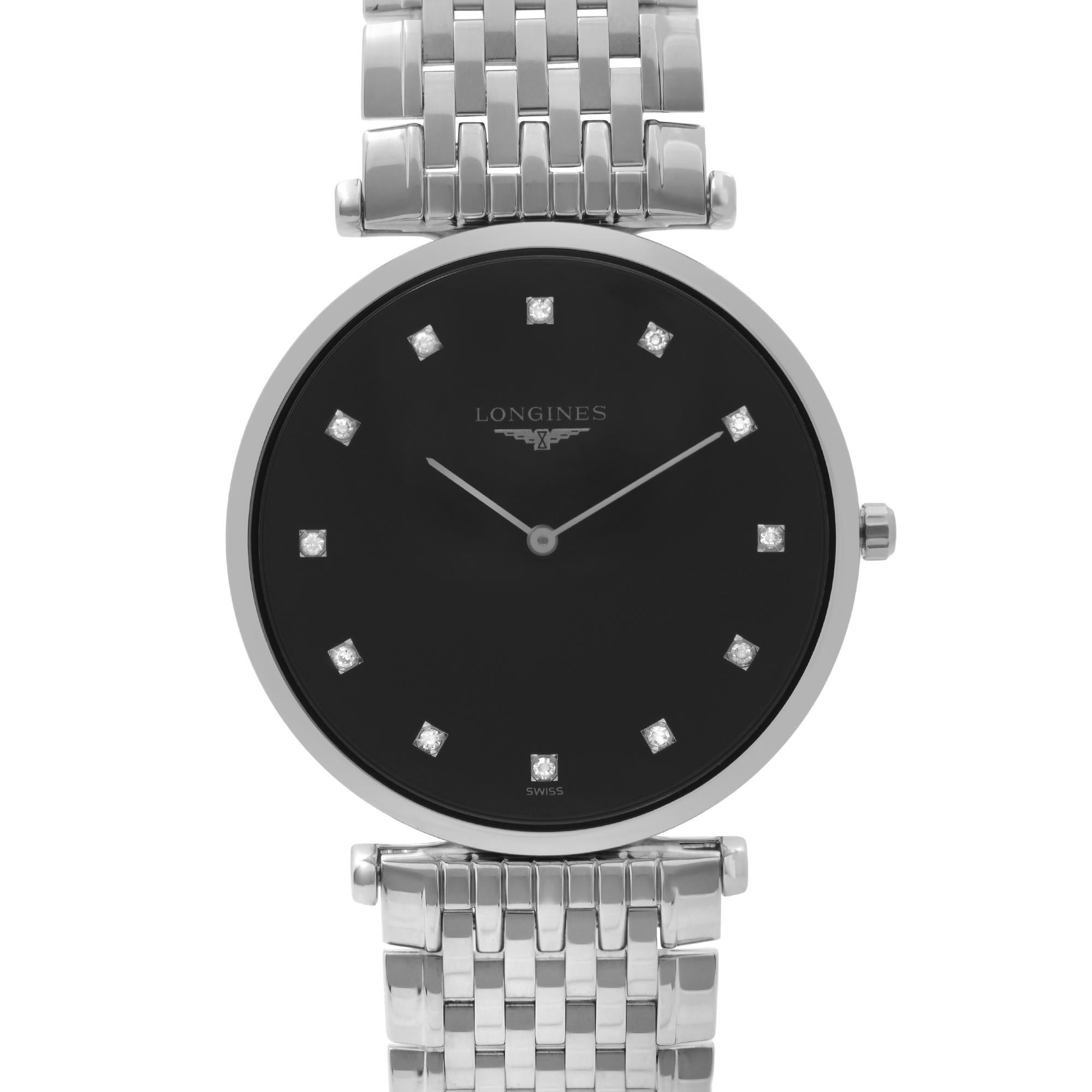 Display Model Longines La Grande Classique Stainless Steel Black Diamond Dial Mens Quartz Watch L4.709.4.58.6. This Beautiful Timepiece is Powered by Quartz (Battery) Movement And Features: Round Stainless Steel Case & Bracelet Fixed Stainless Steel