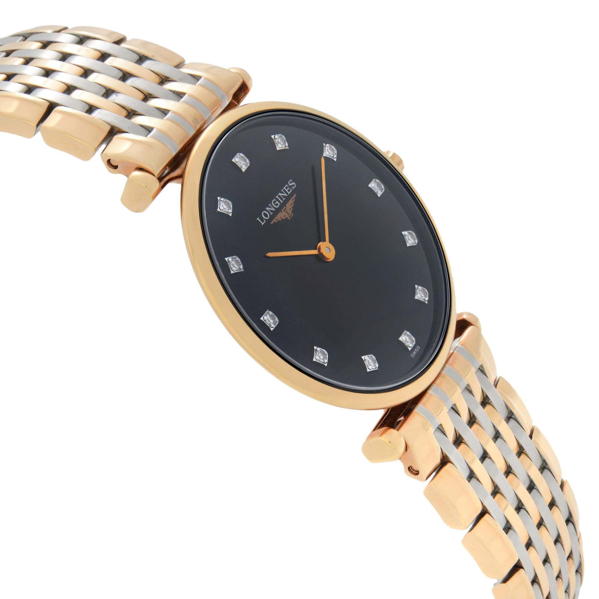 Longines La Grande Classique Steel Black Diamond Dial Quartz Watch L4.512.1.57.7 In Good Condition In New York, NY