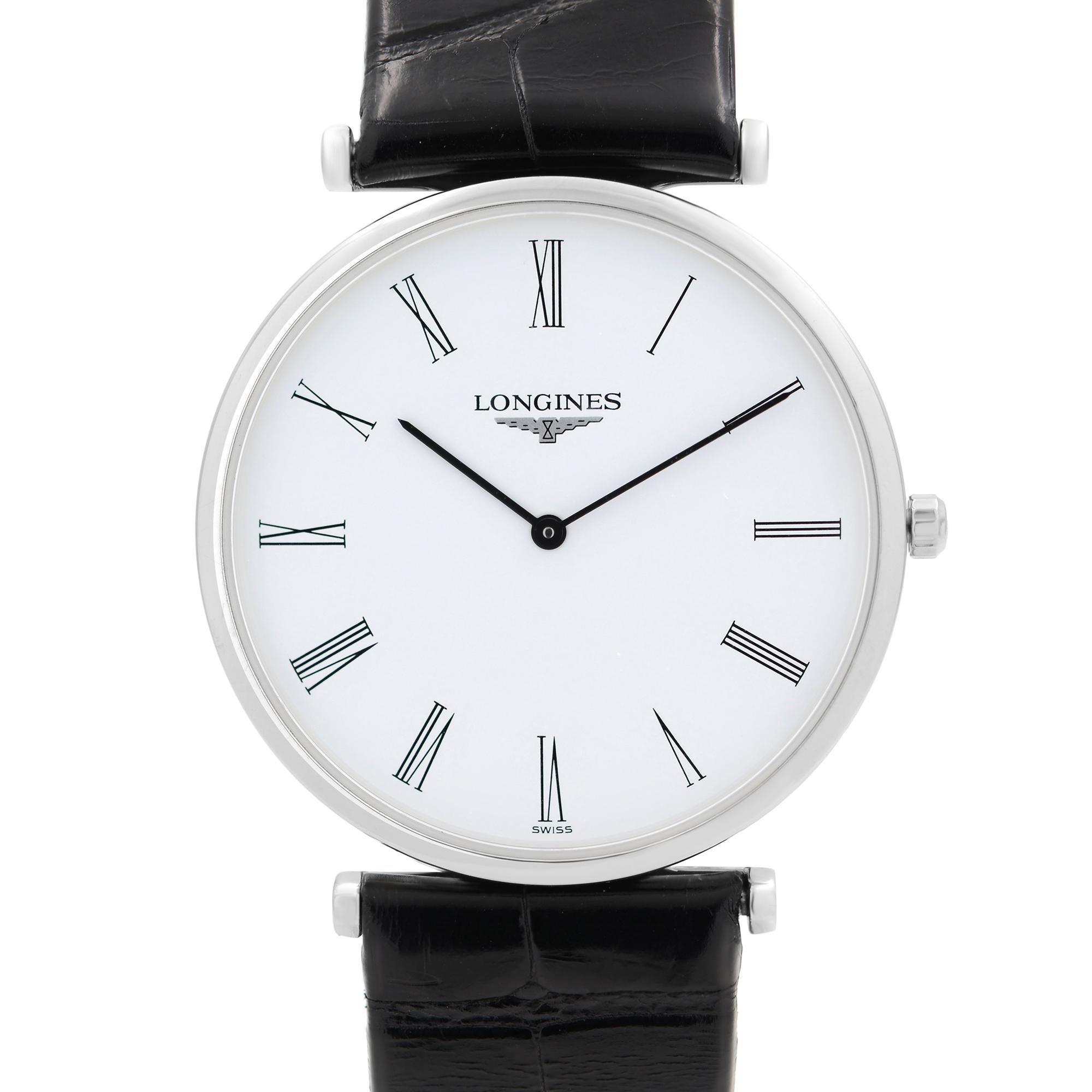 Display Model Longines La Grande Classique Steel White Dial Leather Strap Men's Watch L47094112. This Beautiful Timepiece is Powered by a Quartz (Battery) Movement and Features: Round Stainless Steel Case with a Black Leather Strap, Fixed Stainless