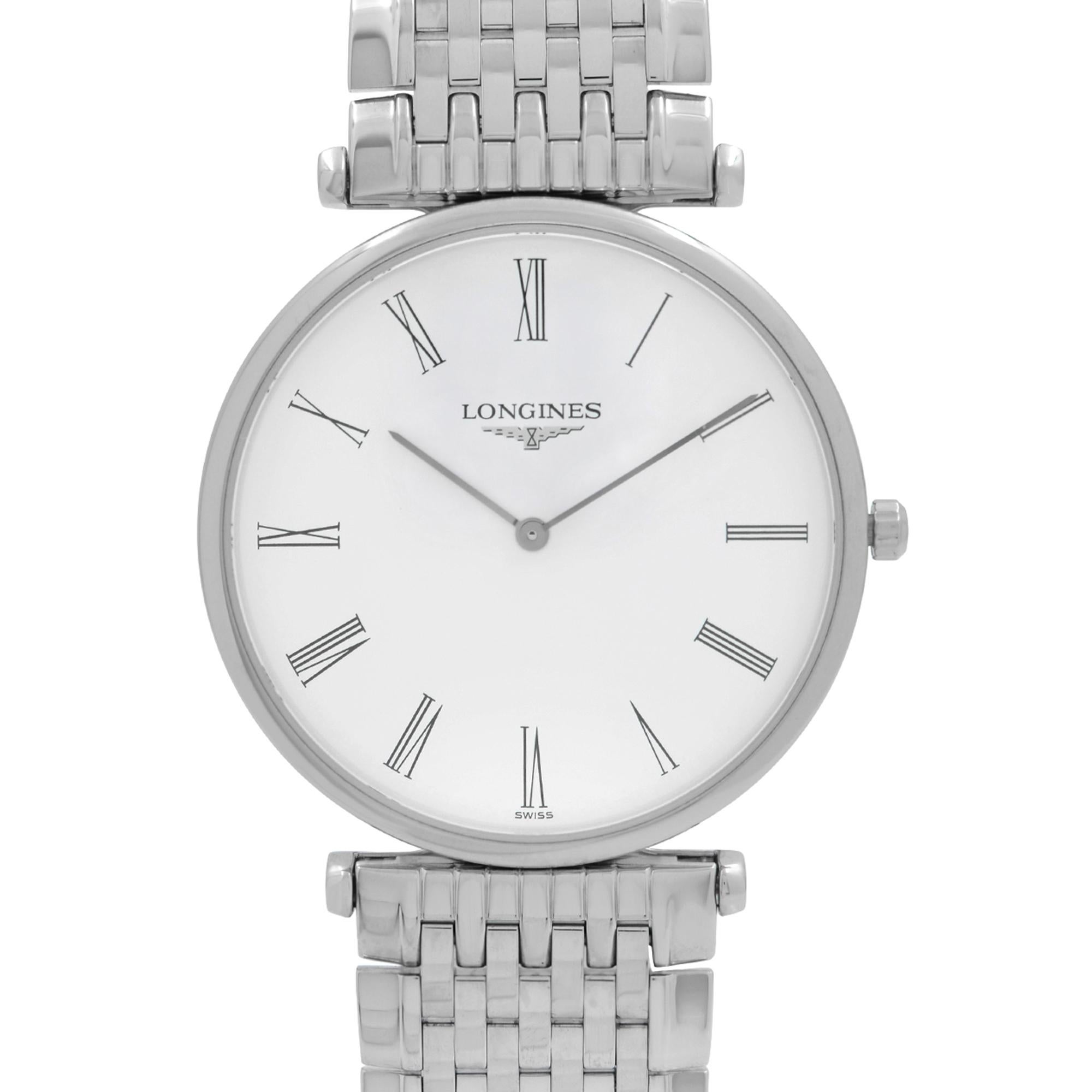 Display Model Longines La Grande Classique Stainless Steel White Roman Dial Quartz Mens Watch L4.709.4.11.6. This Beautiful Timepiece is Powered by Quartz (Battery) Movement And Features: Round Stainless Steel Case with a Stainless Steel Bracelet,