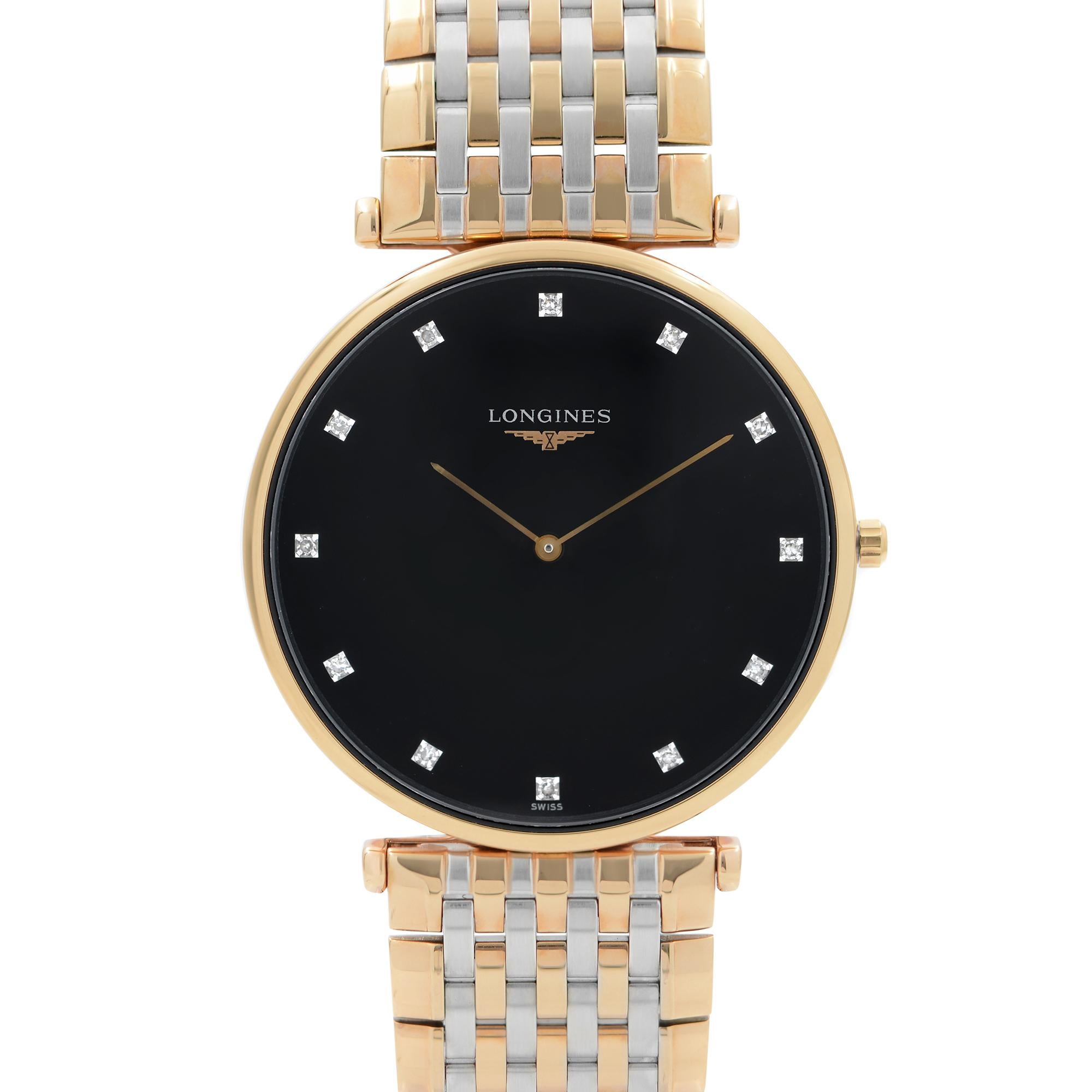 New With Defects Longines La Grande Classique Two-Tone Steel Black Dial Men's Watch L4.766.1.57.7.  The Gold Tone back case has minor scratches.  This Beautiful Timepiece Features: Rose Gold PVD Stainless Steel Case with a Two-Tone Silver-Tone &