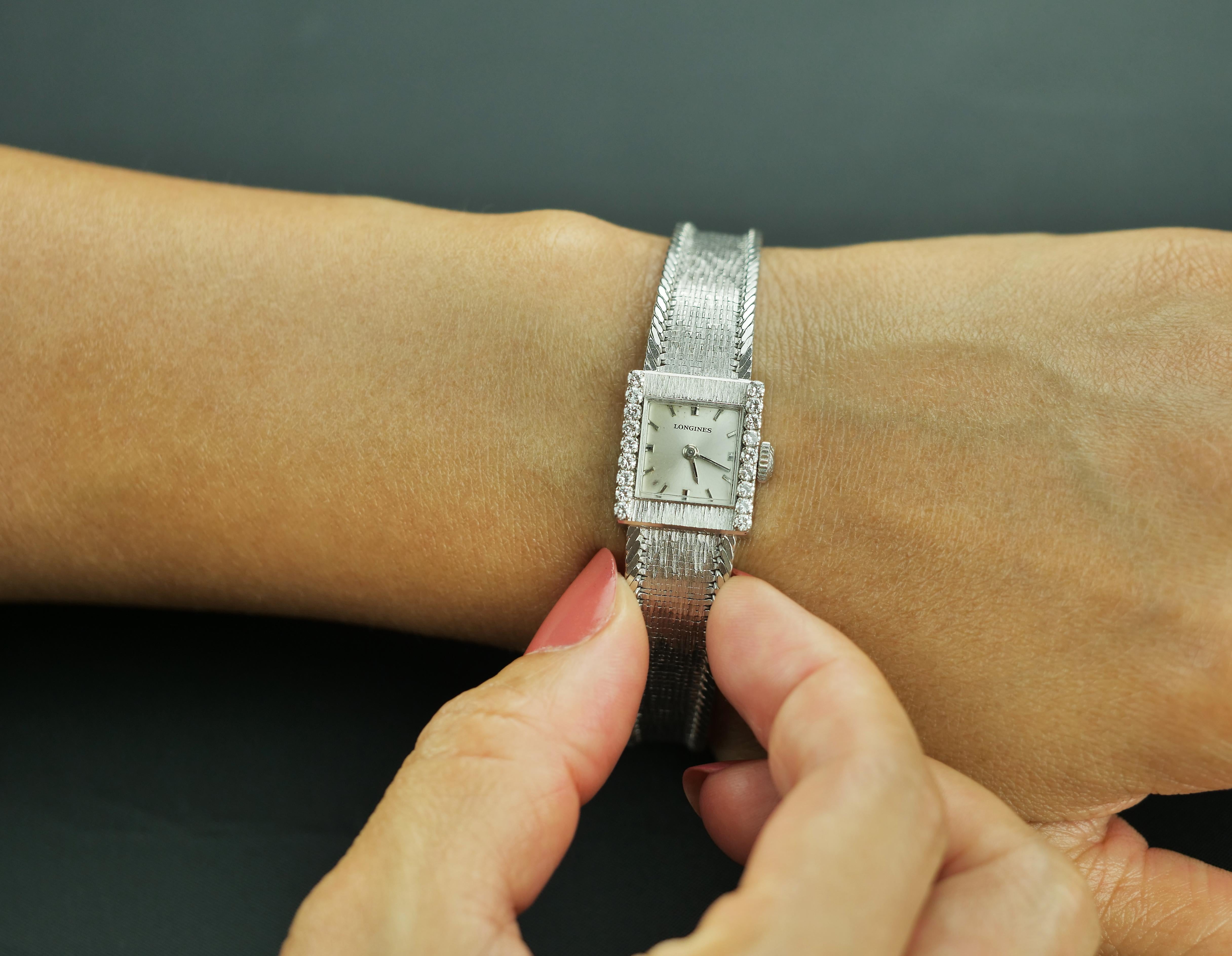 Round Cut Longines, Swiss, Ladies Dress Watch with Diamonds in 18 Karat White Gold