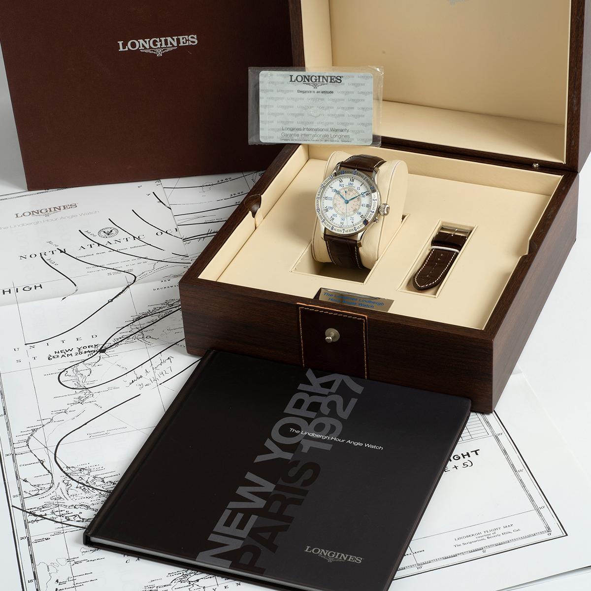 Our Longines Lindberg Hour Angle watch L2678.4 with steel 47mm case with case opening to reveal the exhibition sapphire glass. A full set and presented in mint condition without significant signs of use, this Lindbergh comes with correct inner and