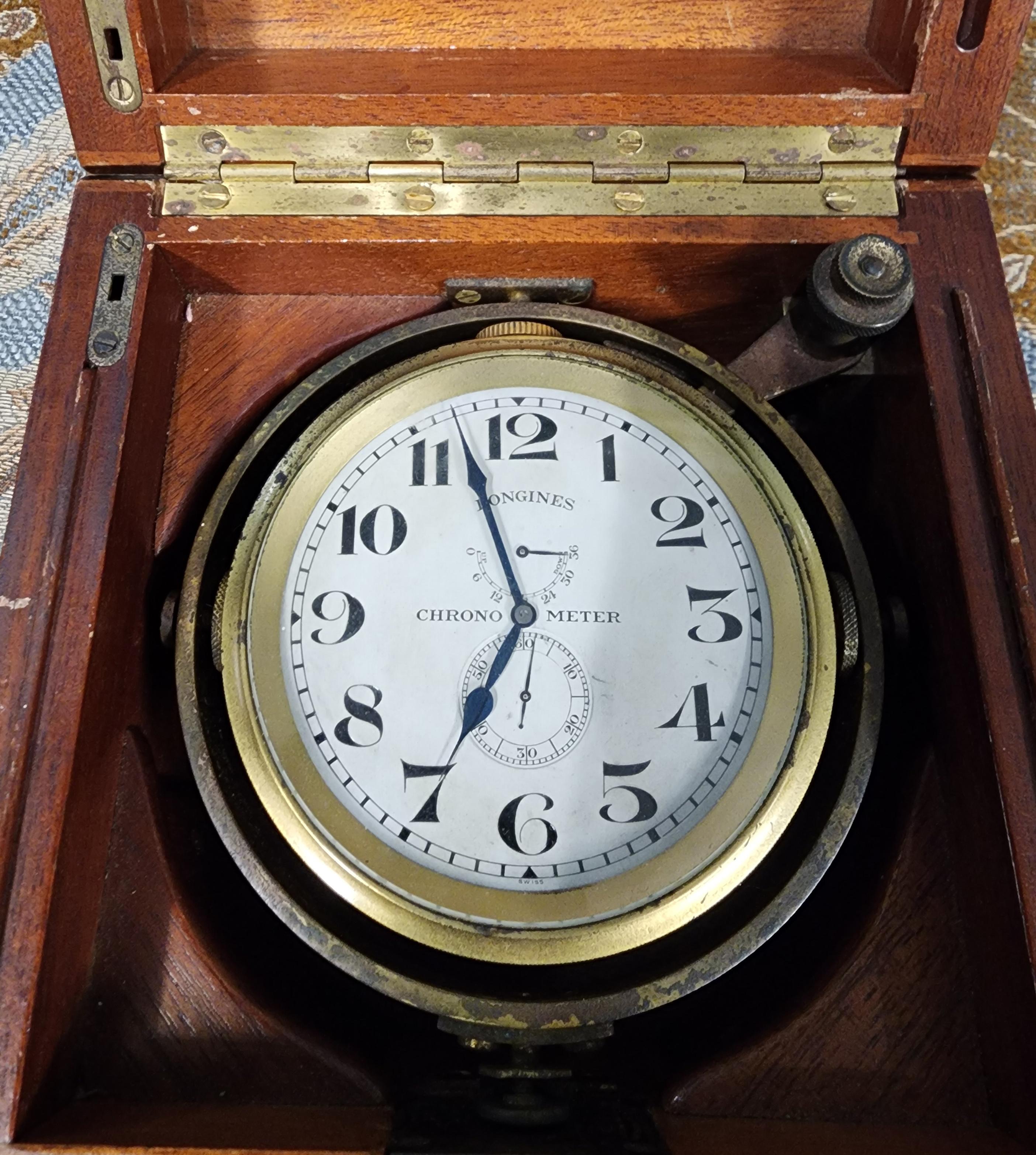 Longines Marine Chronometer Clock in Mahogany Gimbal Box 1920 In Good Condition For Sale In Potters Bar, GB