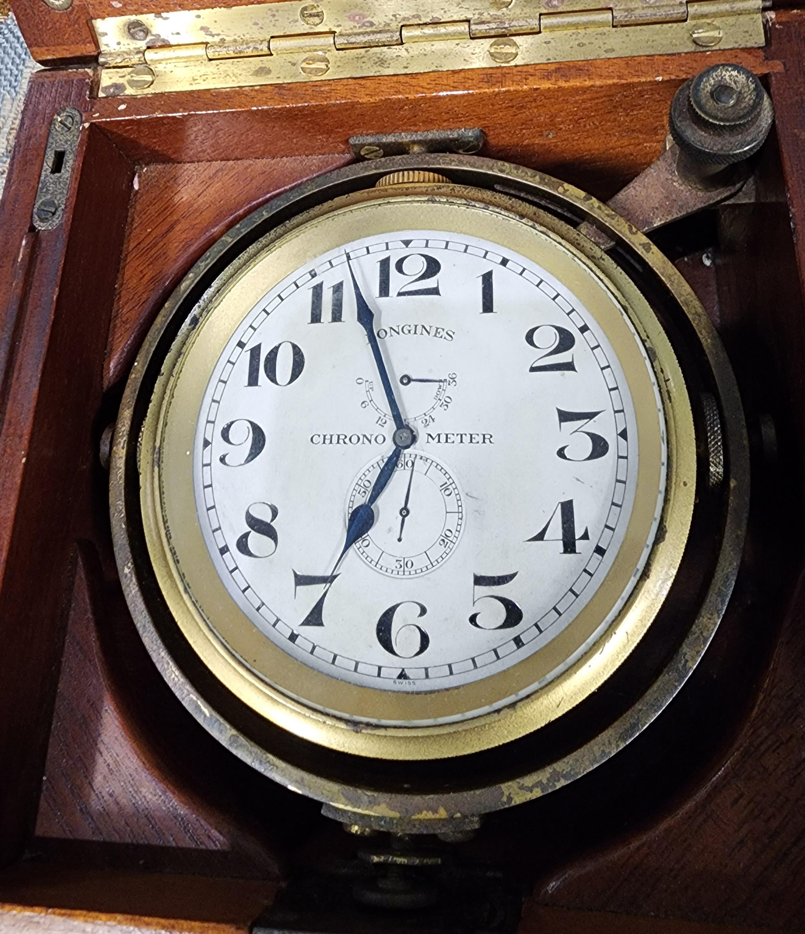 Early 20th Century Longines Marine Chronometer Clock in Mahogany Gimbal Box 1920 For Sale