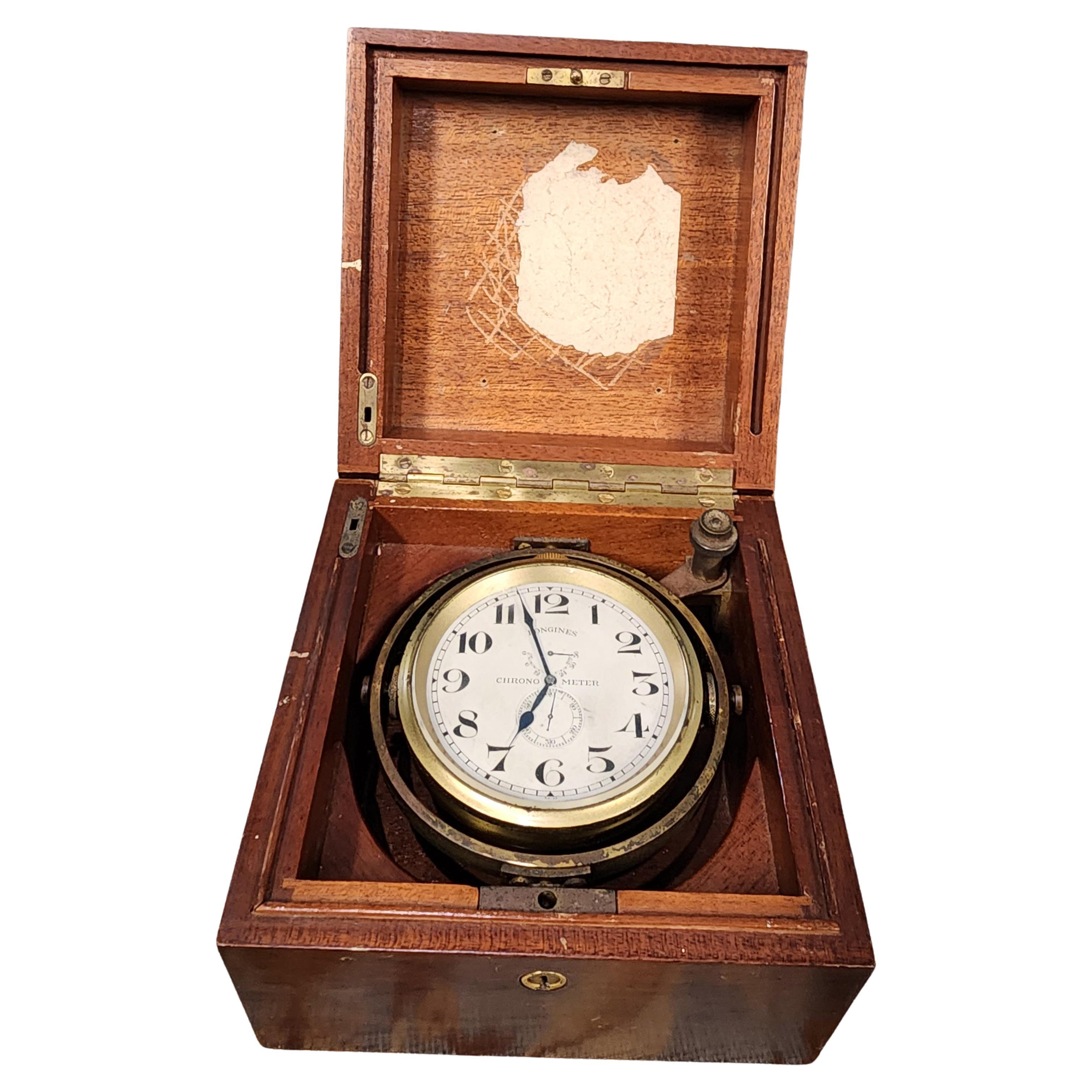 Longines Marine Chronometer Clock in Mahogany Gimbal Box 1920 For Sale