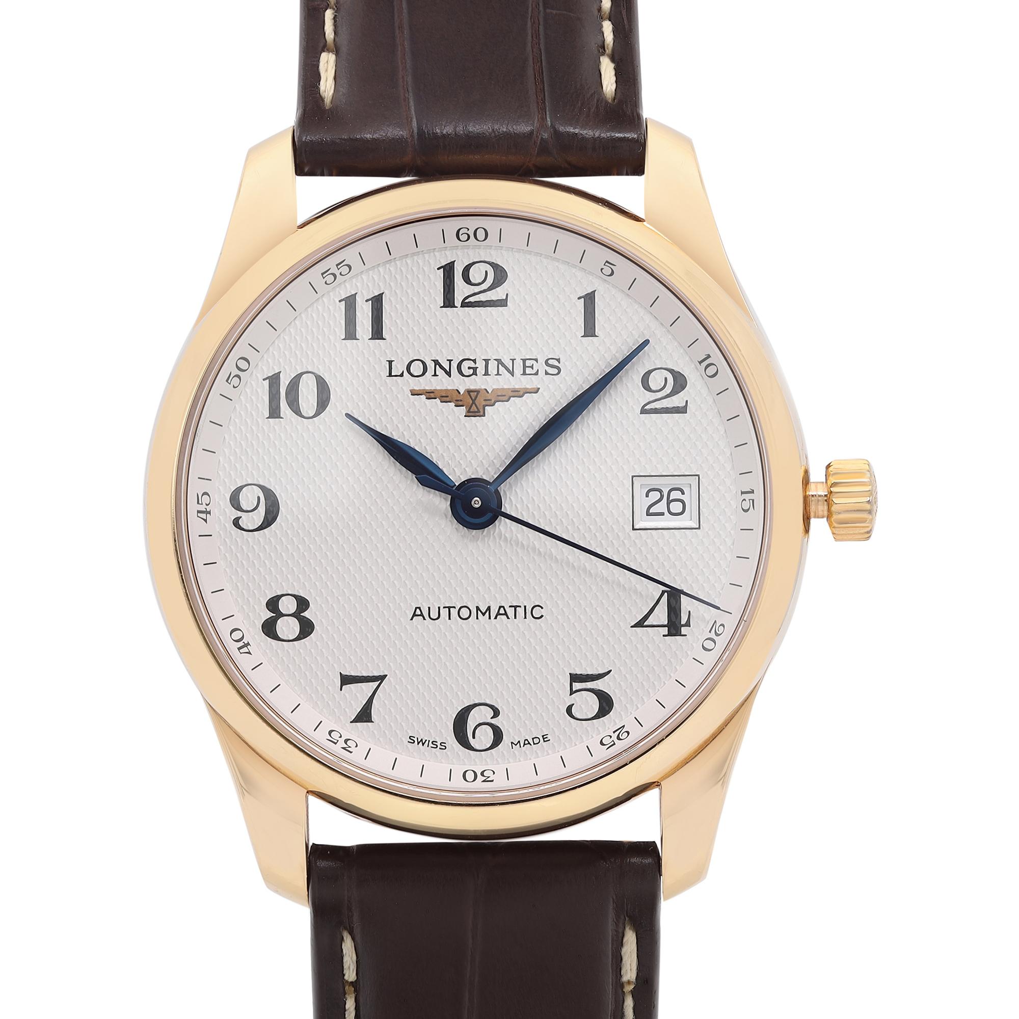 This Longines Master Collection is a Display model watch. The case is made of 18K rose gold, and the deployment clasp is stainless steel. The watch has micro marks on the case back and micro scratches on the clasp due to store handling. Comes with