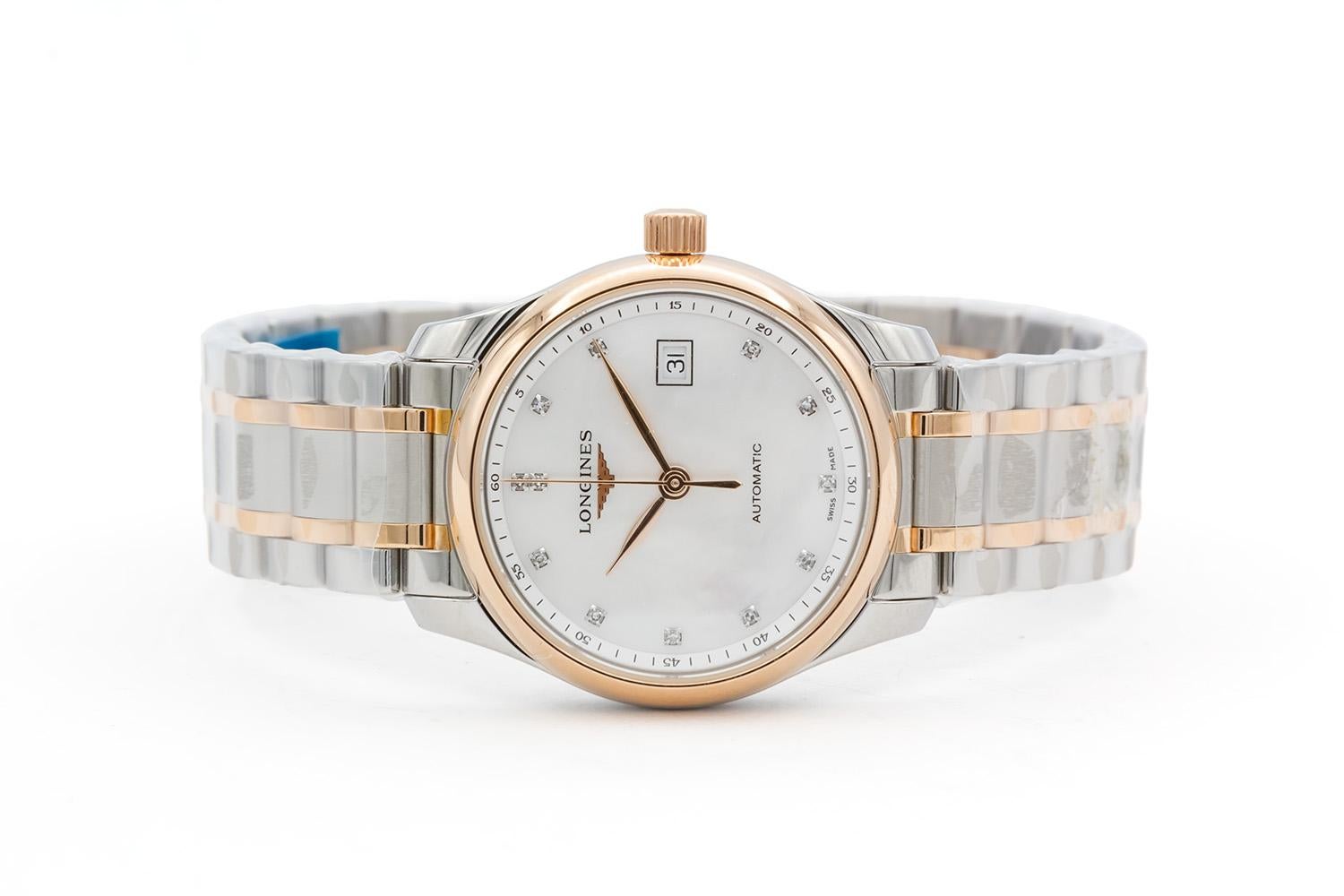 We are pleased to offer this Brand New Unworn Longines Master Collection Ladies Watch L2.257.5.89.7. This watch is brand new with 5- year factory protective plastic wrapping still on the bracelet. It features a 29mm stainless steel case, 18k rose