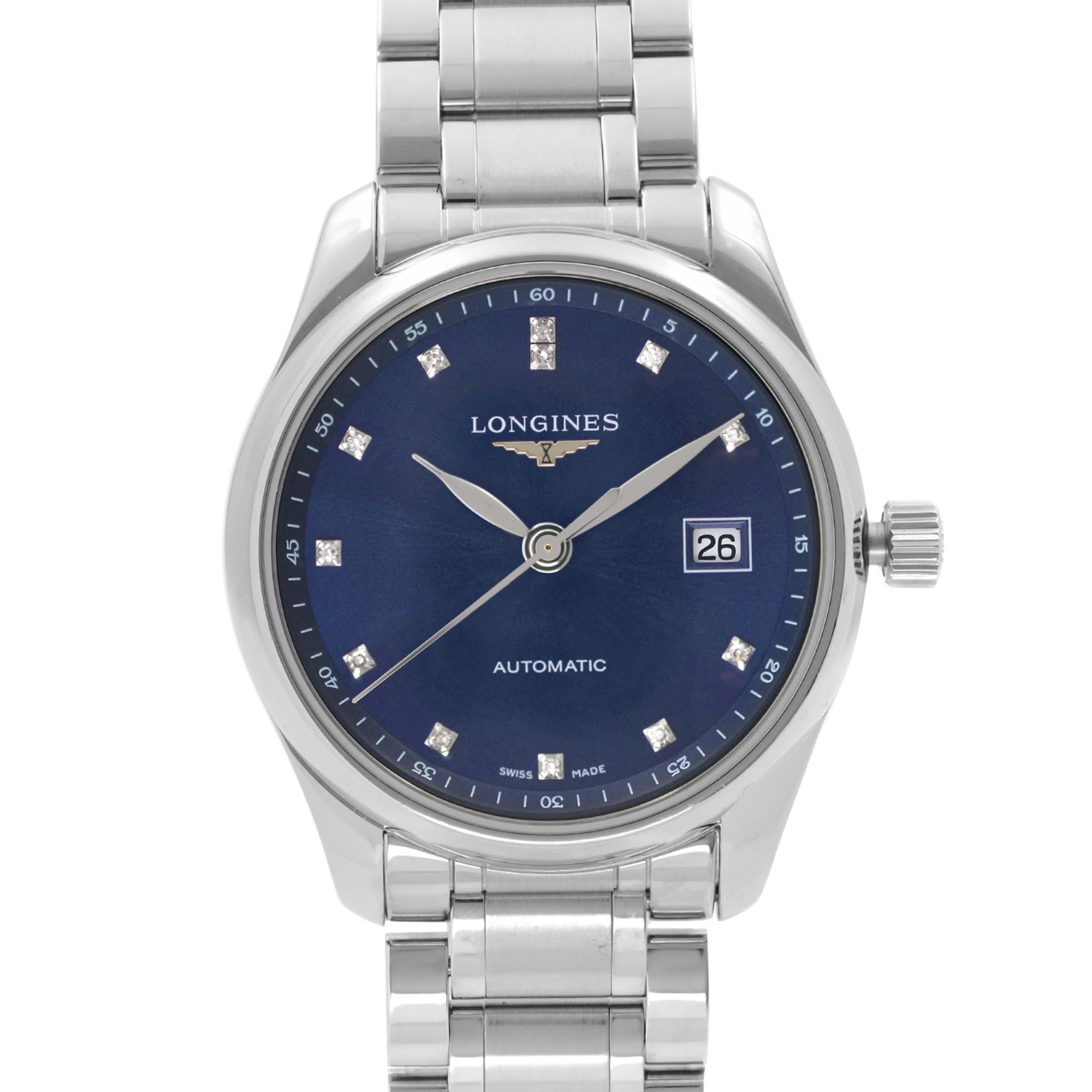 Display Model Longines Master Collection Stainless Steel Navy Blue Dial Automatic Ladies Watch L2.257.4.97.6. This Beautiful Timepiece Features Stainless Steel Case & Bracelet Fixed Stainless Steel Bezel, Navy Blue Dial with Silver-Tone Hands &