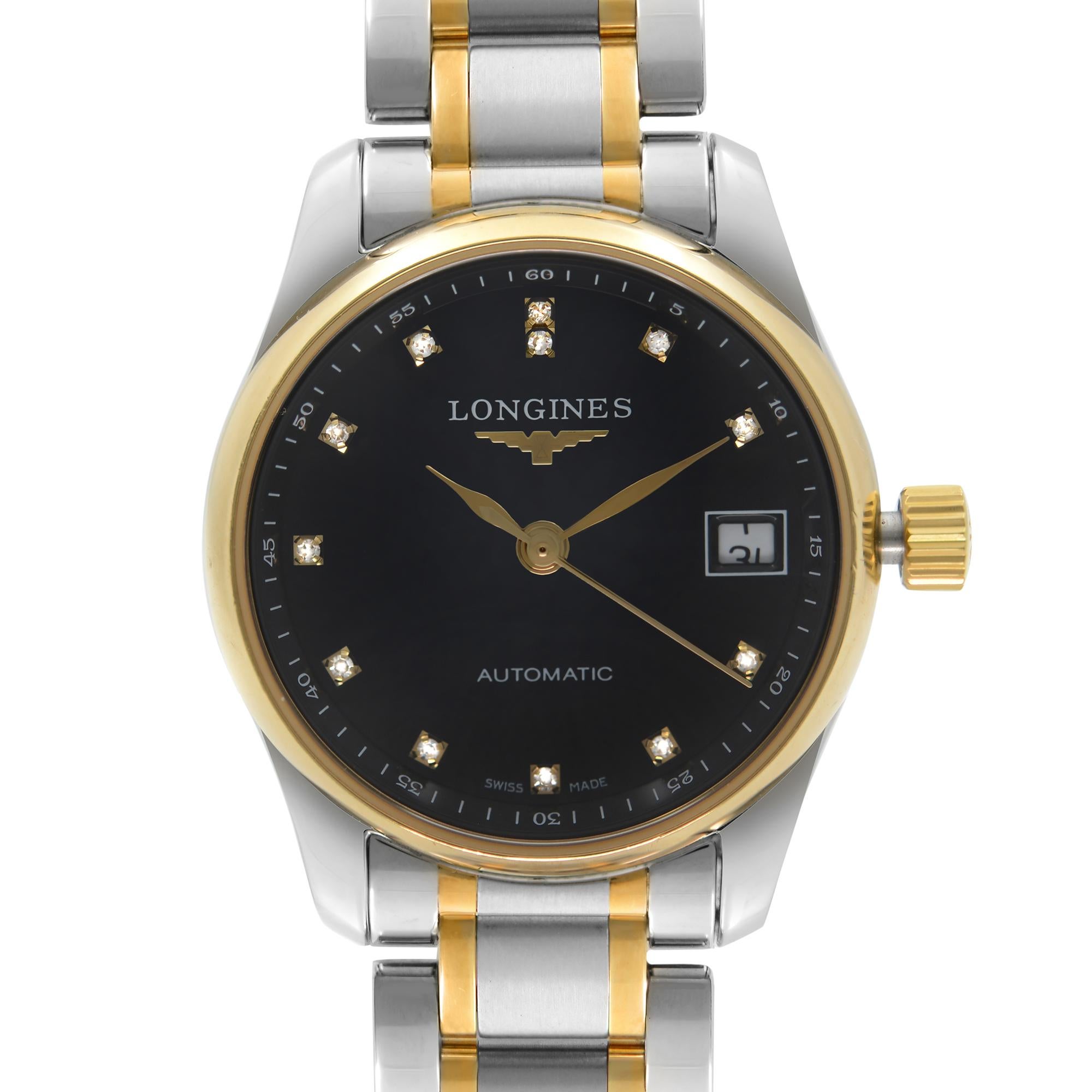 Display Model Longines Master Collection Two-Tone Black Diamond Dial Automatic Ladies Watch L21285577. This Beautiful Timepiece is Powered by Mechanical (Automatic) Movement and Features: Round Stainless Steel Case with a Stainless Steel & Yellow