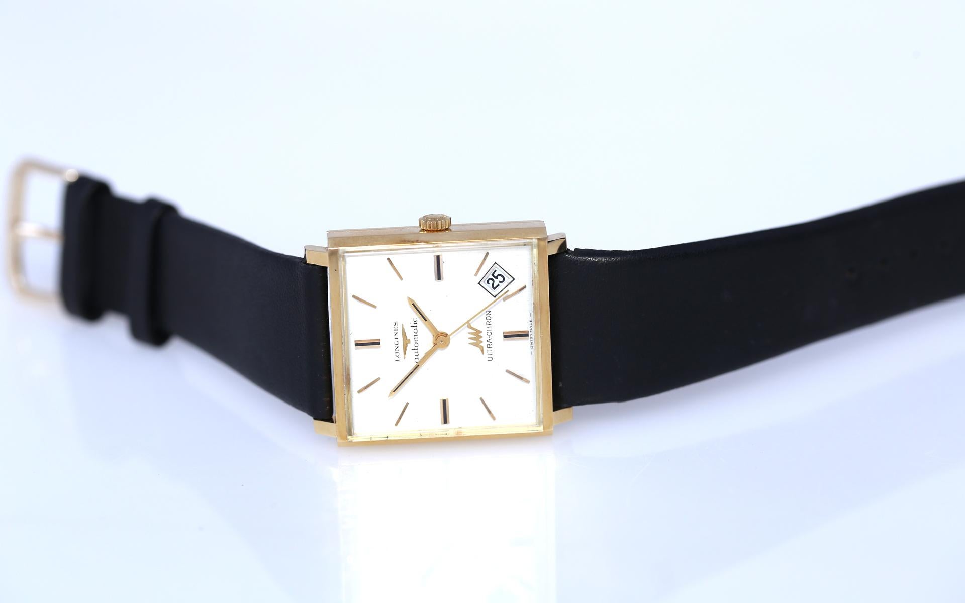 Men's Longines Mechanical Automatic Date Swiss Watch Square 18K Yellow Gold, 1970