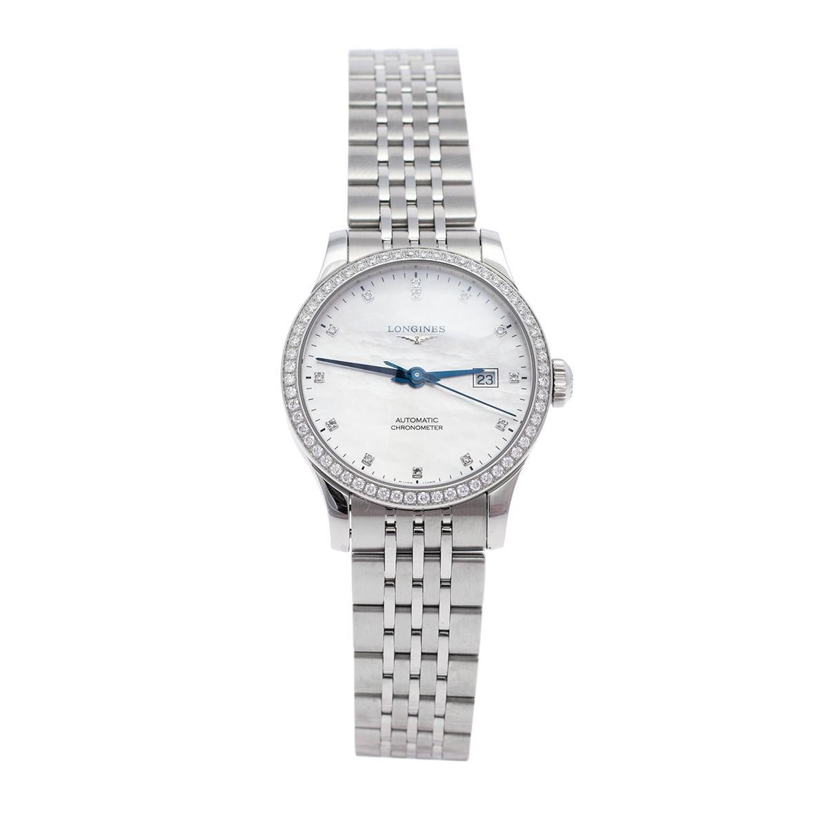Longines MOP Diamonds Stainless Steel Record L23210876 Women's Wristwatch 30 mm