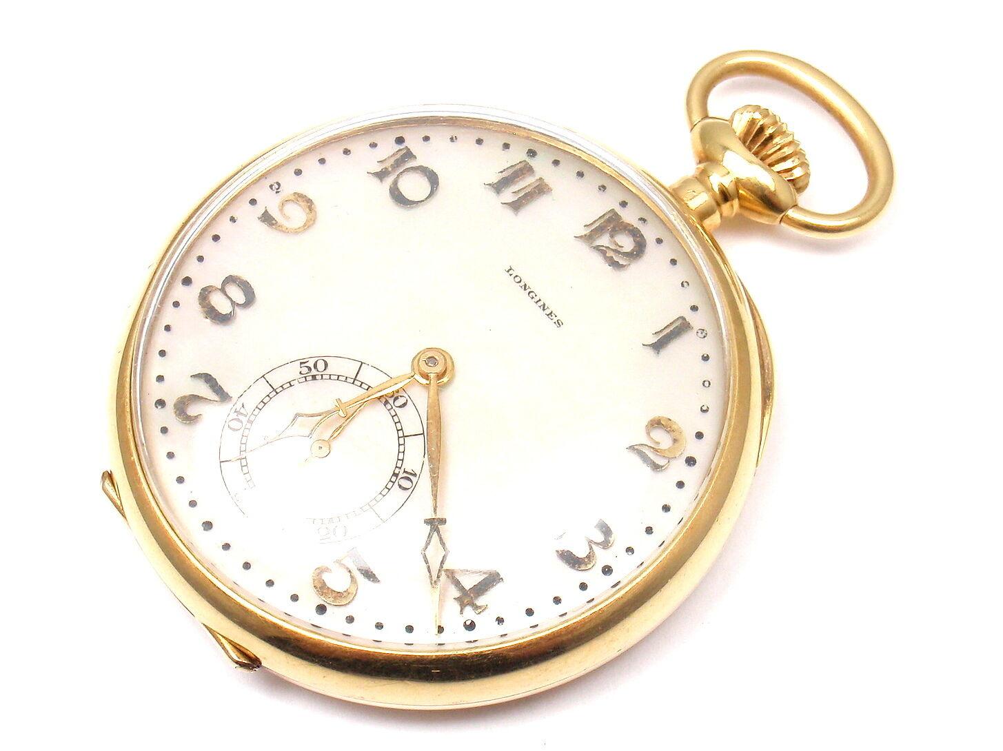 18k Yellow Gold 46mmPocket Watch by Longines. 
Details: 
Case Size: 46mm
Weight: 61.2 grams
Movement: Mechanical Hand Winding
Stamped Hallmarks: Longines 
Inside:  Longines A668230
*Free Shipping within the United States*
Your Price: $4,500
Ti011merd