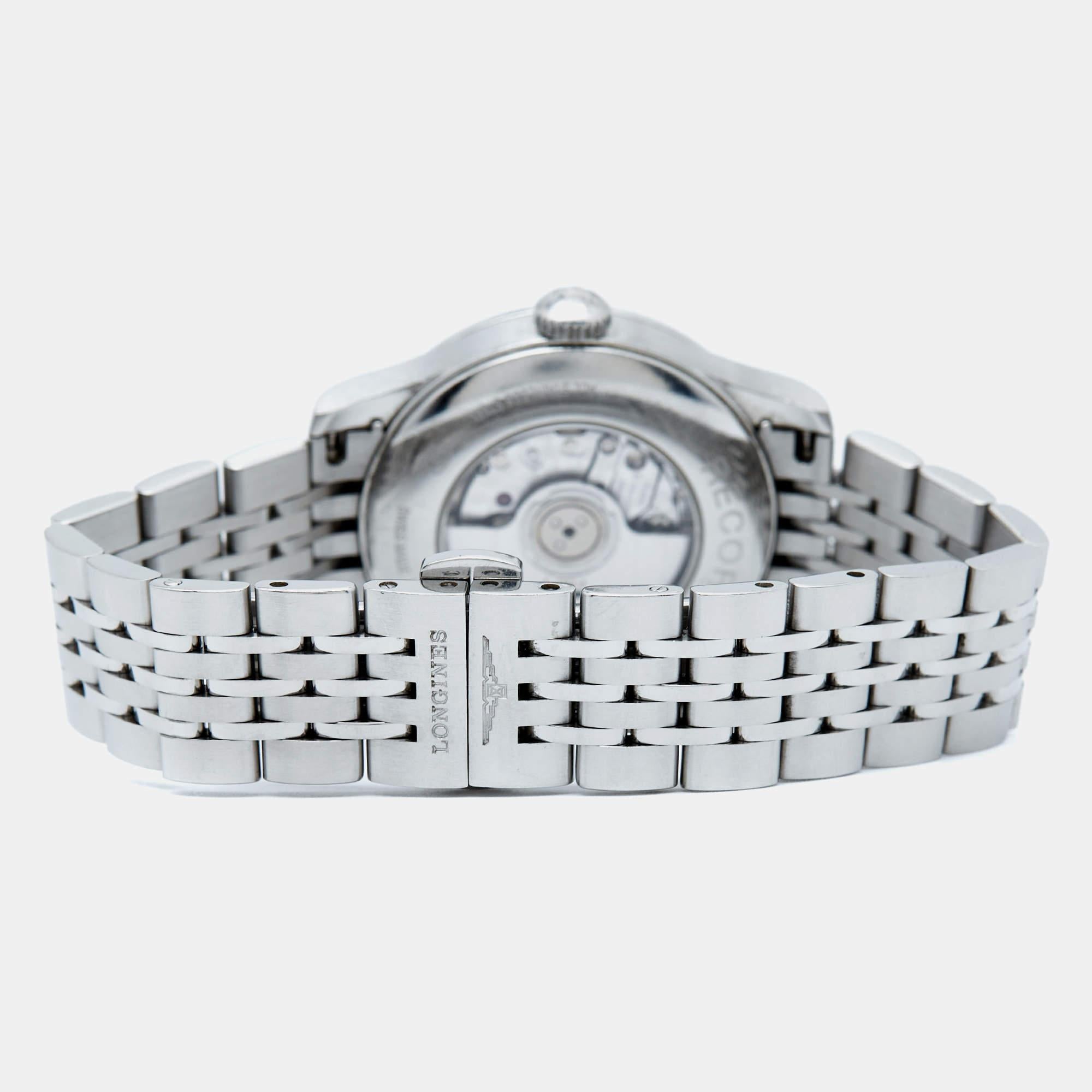 Let this authentic luxury timepiece help you make every moment count! Created with skill using high-grade materials, this Longines watch is a functional accessory designed to impart a luxurious style while keeping you on time.

Includes: Extra Link,