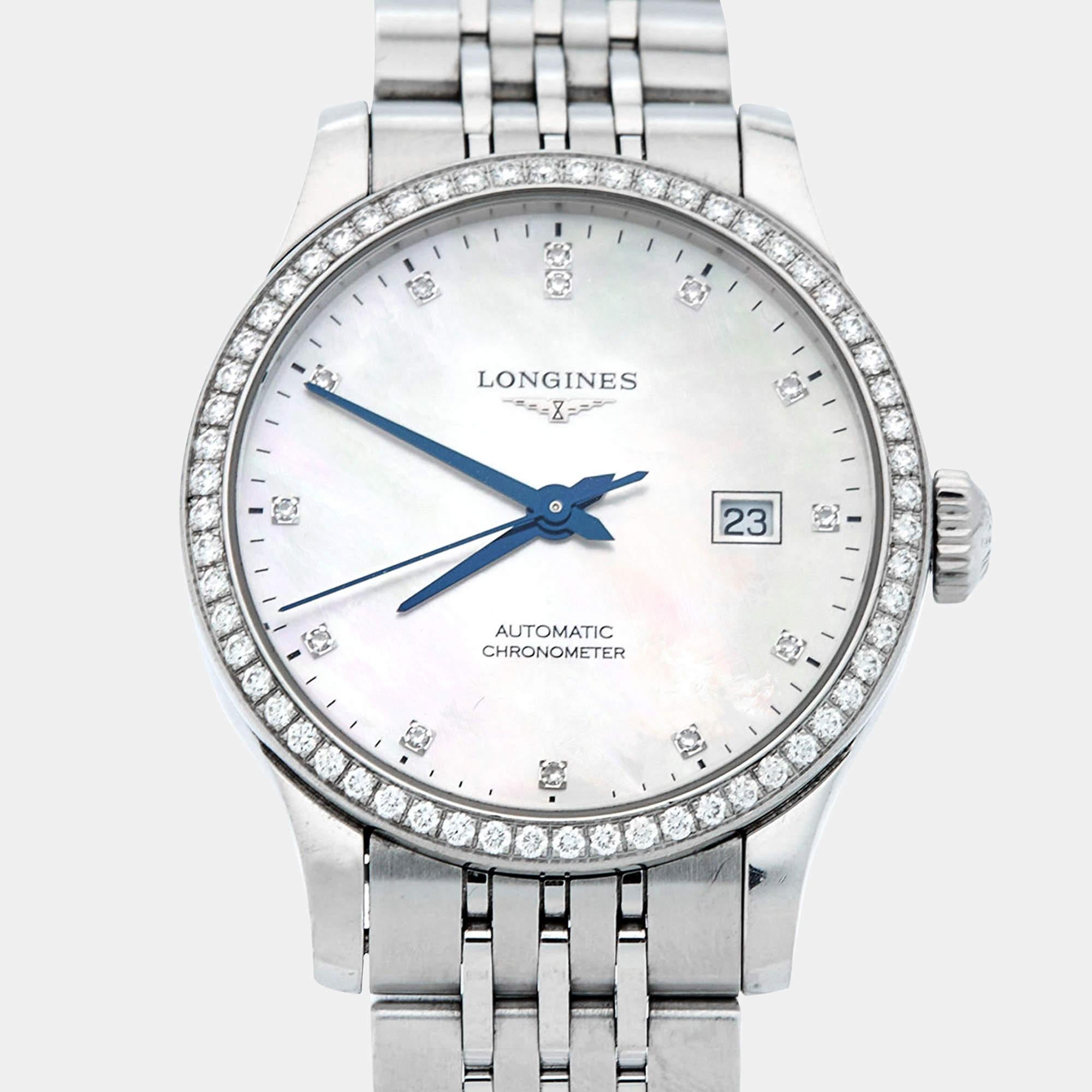 Longines Mother of Pearl Diamond Stainless Steel Record Women's Wristwatch 30 mm 4