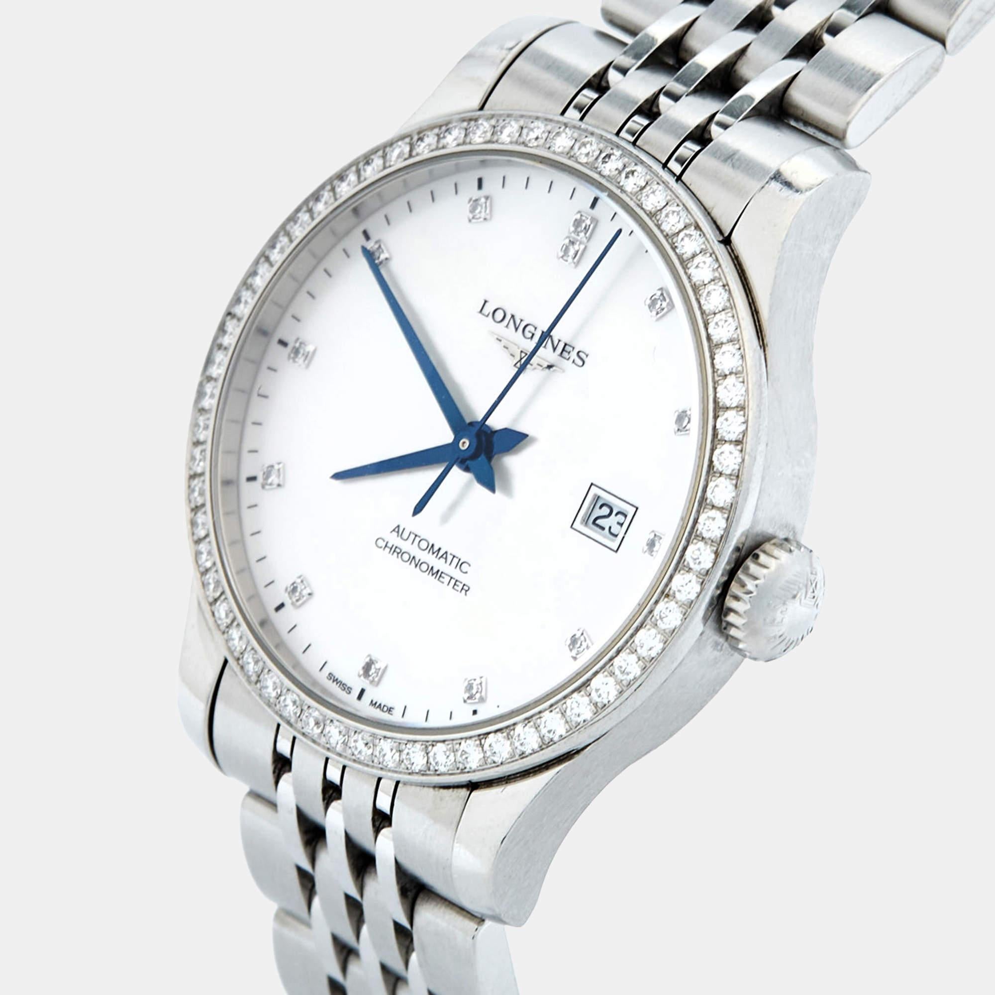 Longines Mother of Pearl Diamond Stainless Steel Record Women's Wristwatch 30 mm 5