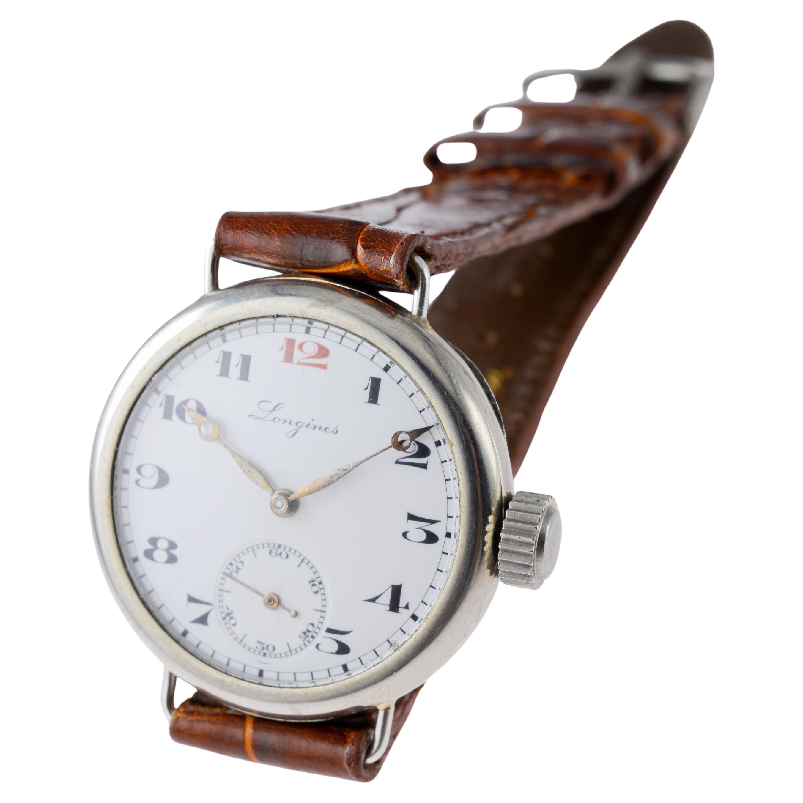 Longines Nickel Campaign Style Watch with a Flawless Kiln Fired Dial from 1915 For Sale 5
