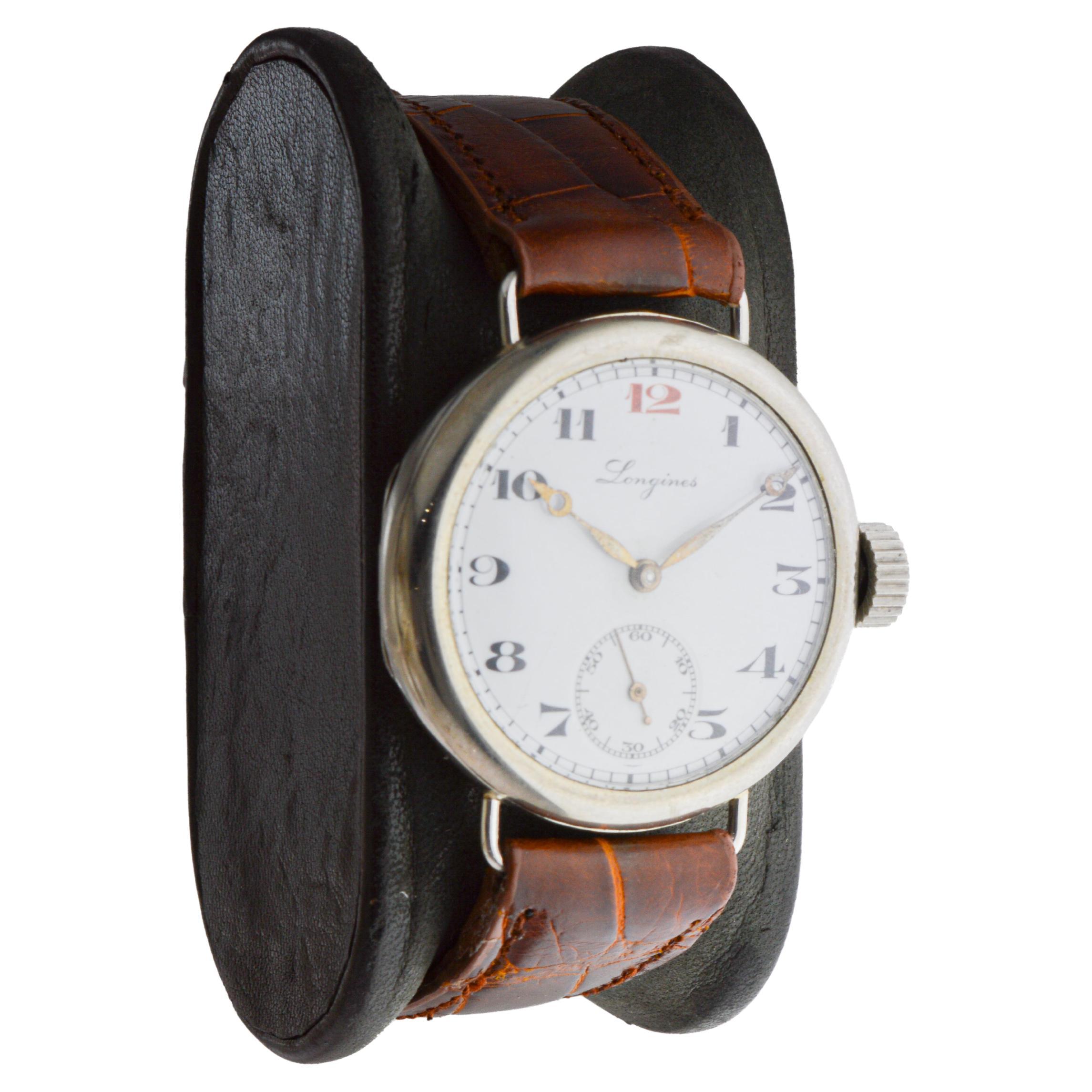 Art Deco Longines Nickel Campaign Style Watch with a Flawless Kiln Fired Dial from 1915 For Sale