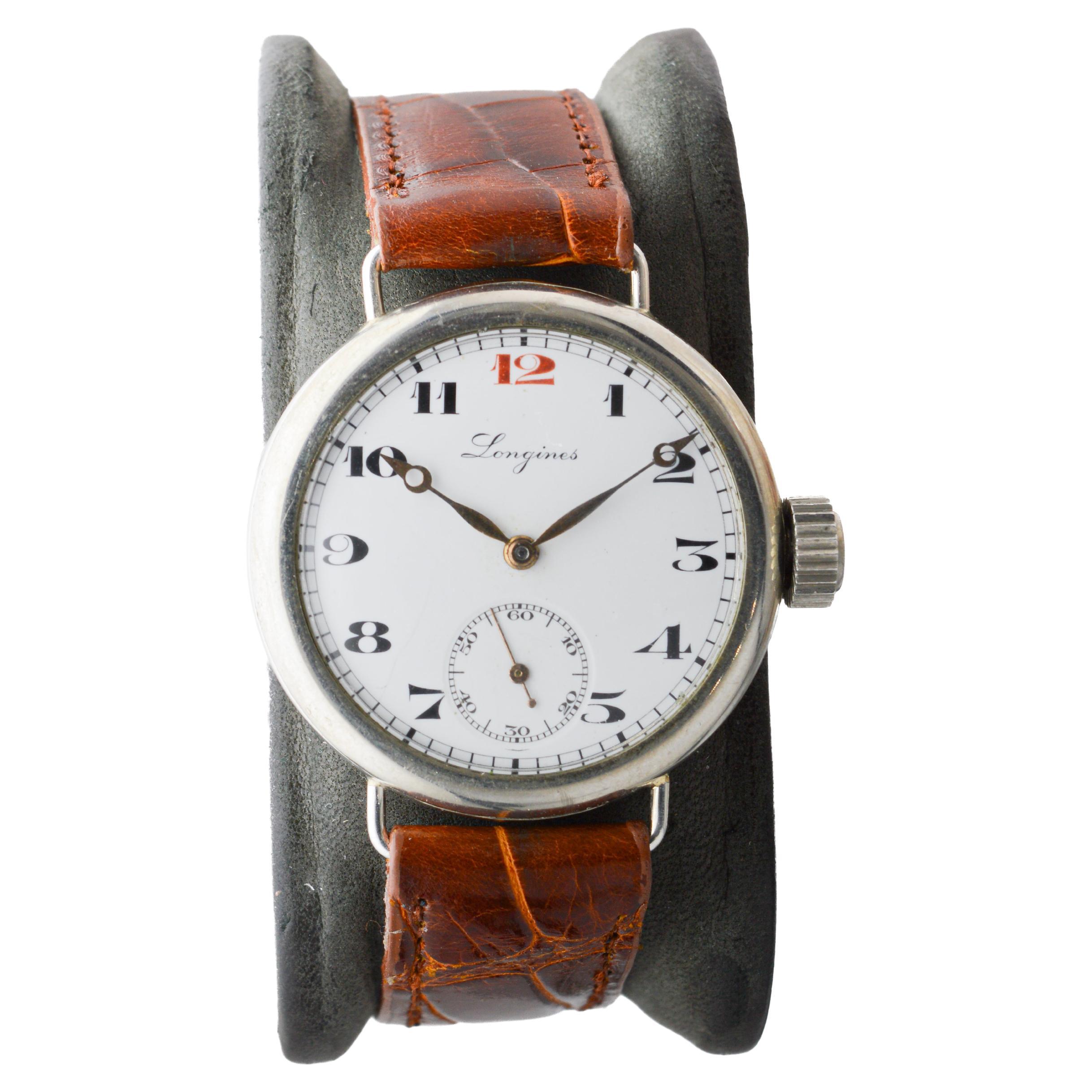 Longines Nickel Campaign Style Watch with a Flawless Kiln Fired Dial from 1915 In Excellent Condition For Sale In Long Beach, CA