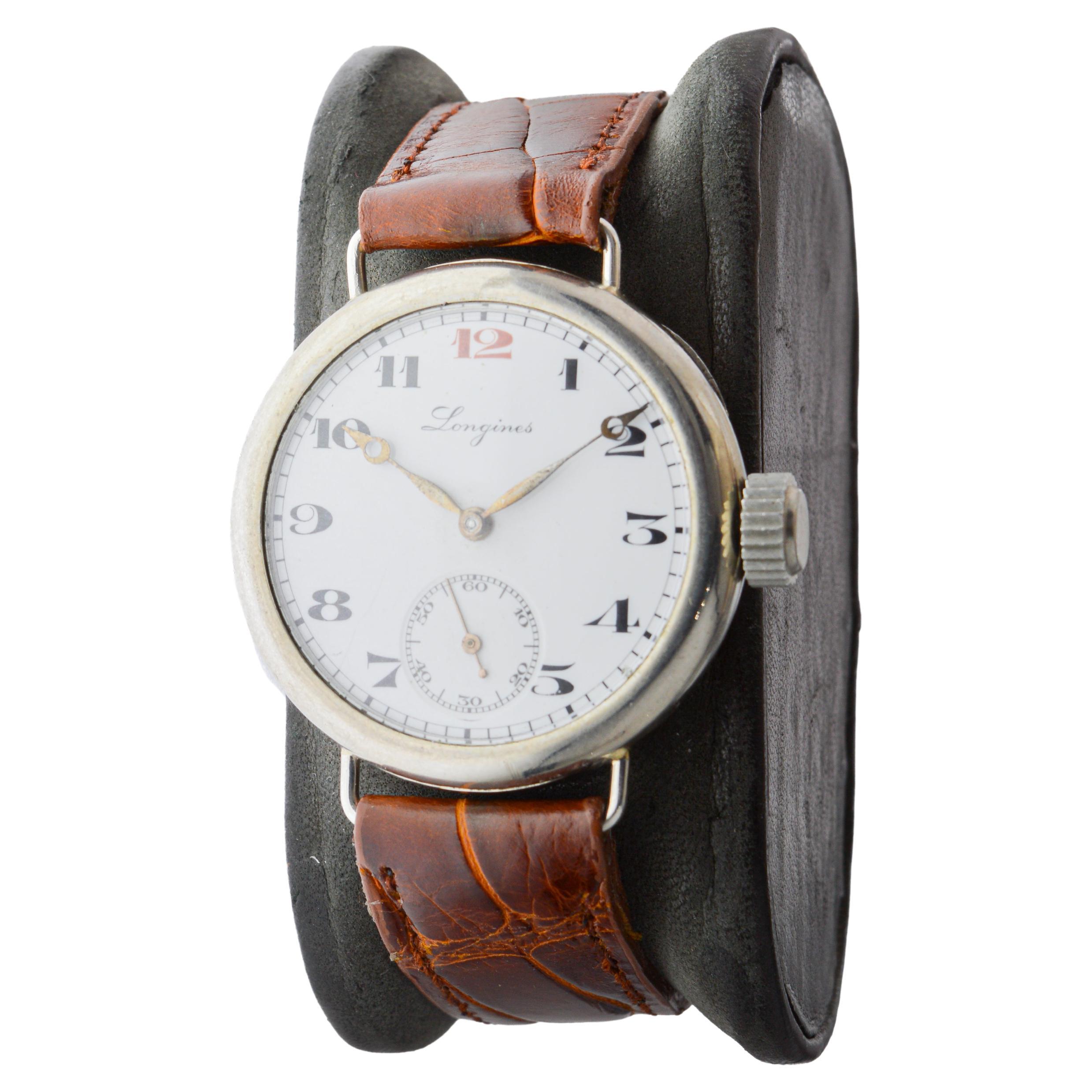 Women's or Men's Longines Nickel Campaign Style Watch with a Flawless Kiln Fired Dial from 1915 For Sale
