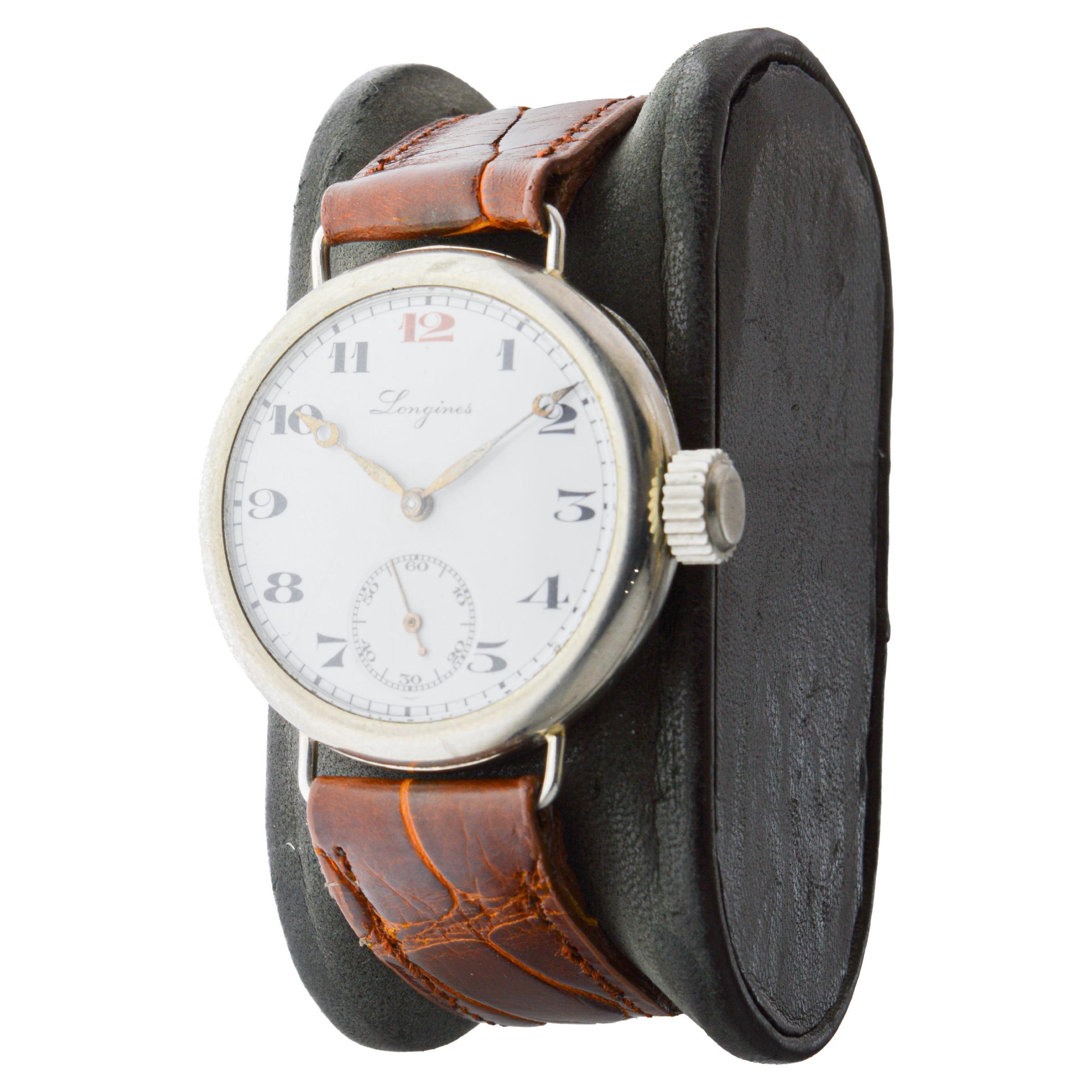 Longines Nickel Campaign Style Watch with a Flawless Kiln Fired Dial from 1915 For Sale 1