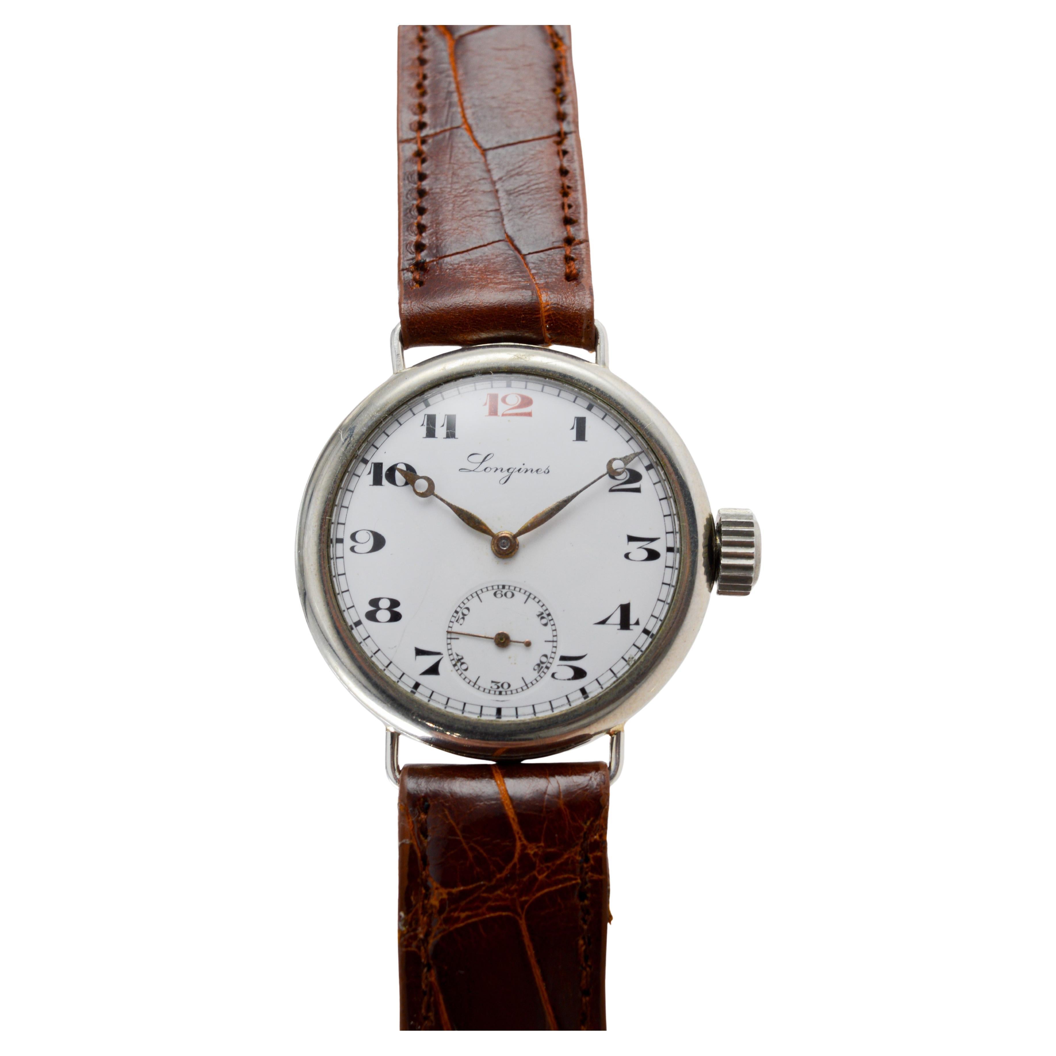 Longines Nickel Campaign Style Watch with a Flawless Kiln Fired Dial from 1915 For Sale 2