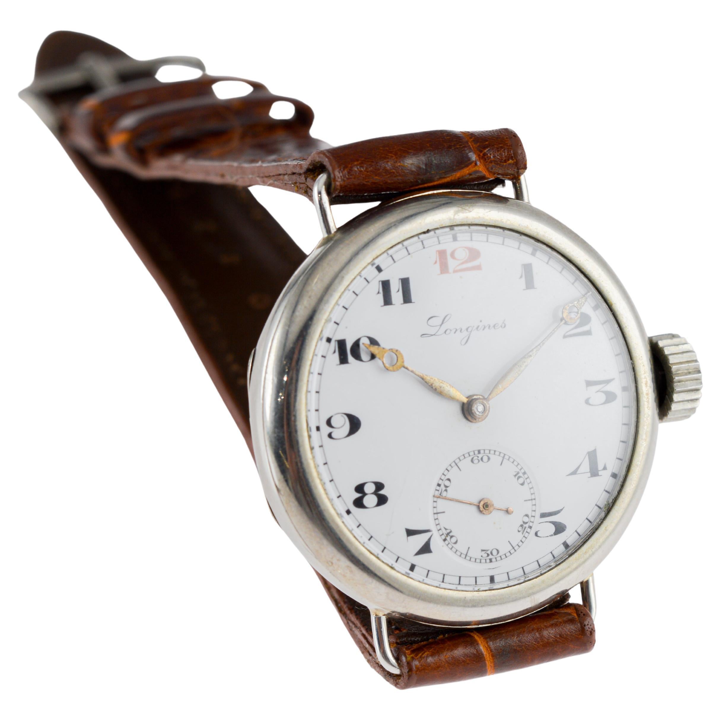 Longines Nickel Campaign Style Watch with a Flawless Kiln Fired Dial from 1915 For Sale 3