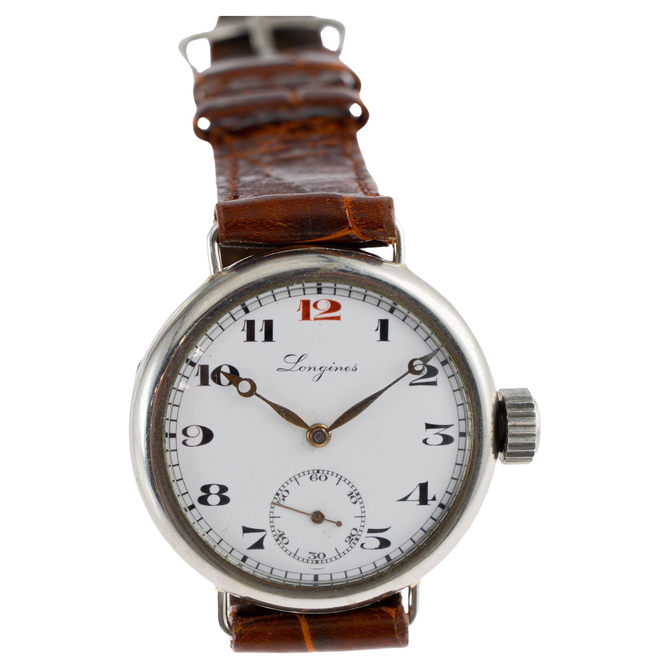 Longines Nickel Campaign Style Watch with a Flawless Kiln Fired Dial from 1915 For Sale 4