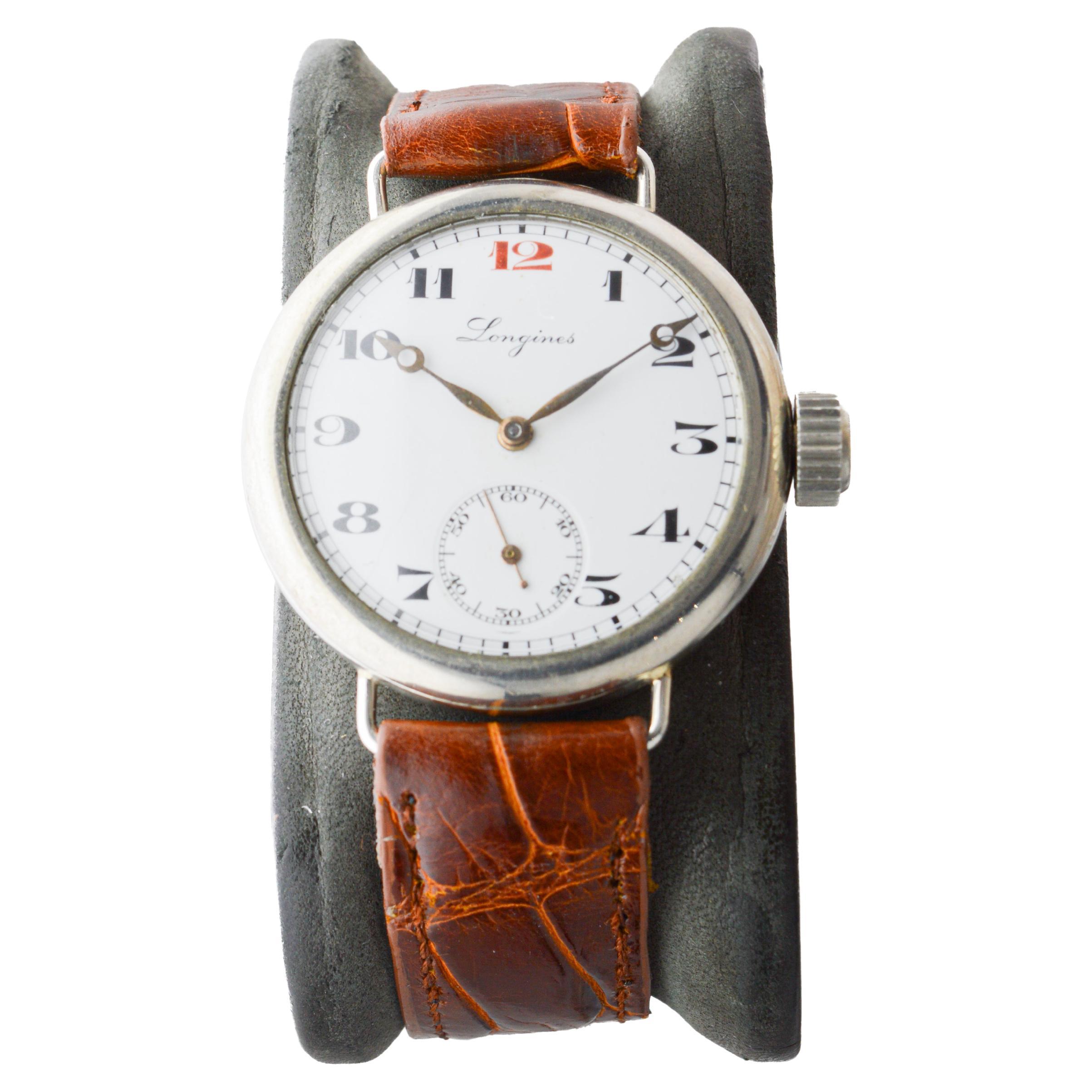Longines Nickel-Uhr im Campaign Style mit makellosem, kiln geflammtem Zifferblatt aus dem Jahr 1915