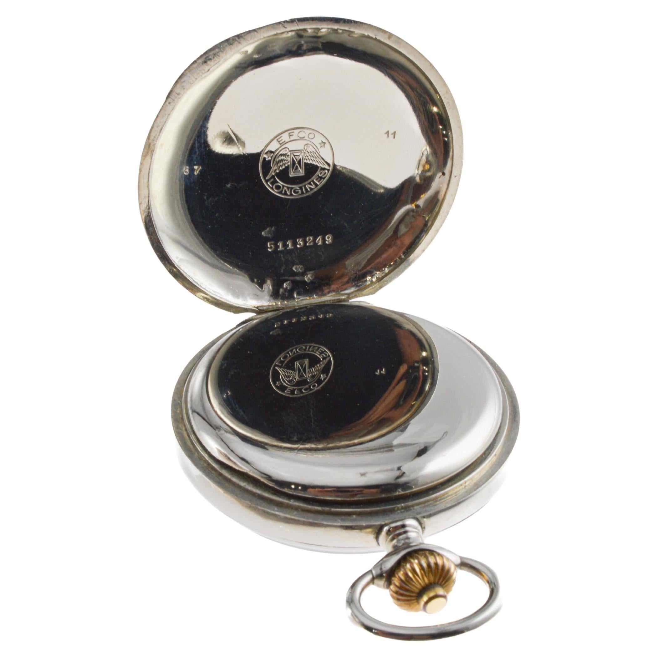 Longines Nickel Silver Chronograph Large Pocket Watch with Flawless Enamel Dial 7