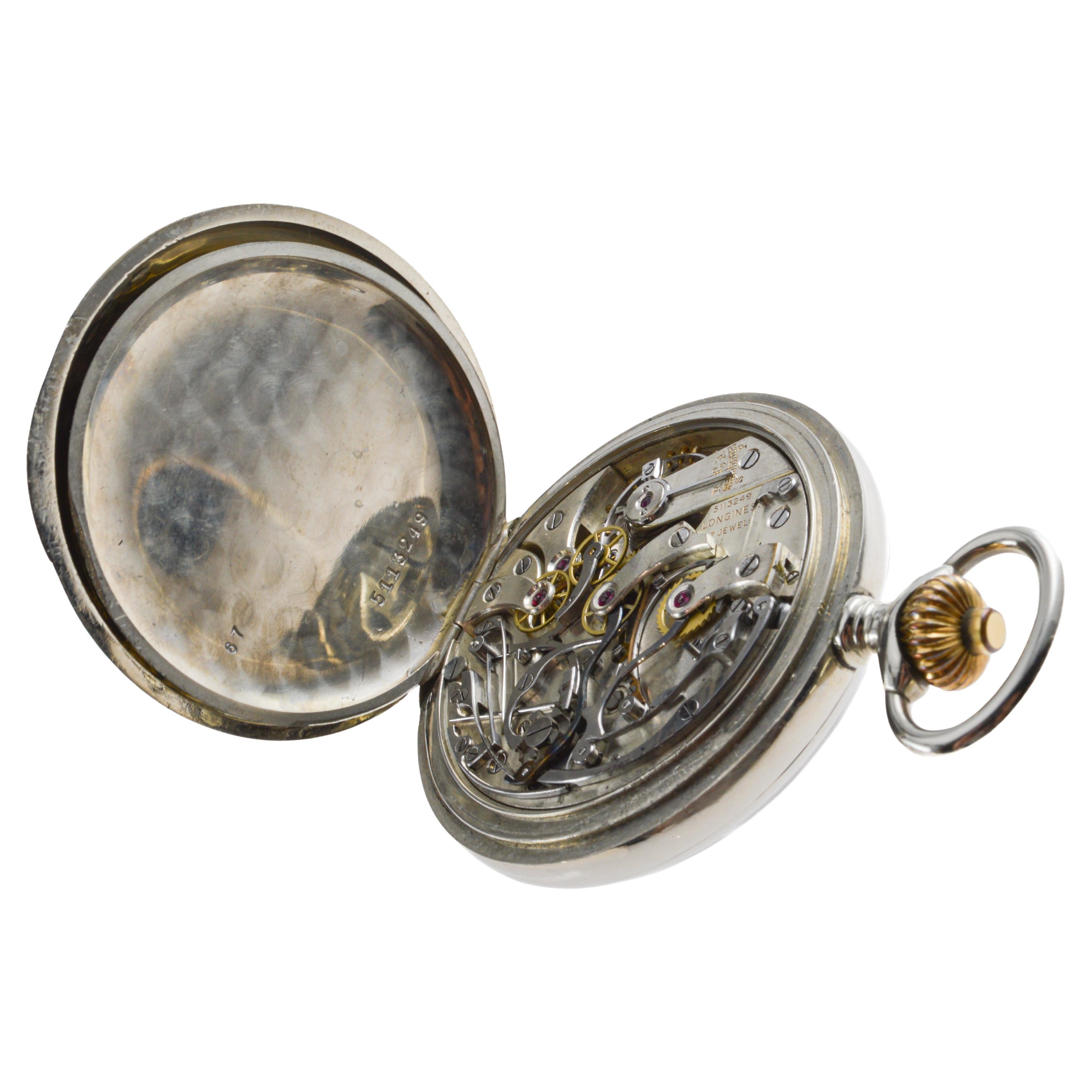 Longines Nickel Silver Chronograph Large Pocket Watch with Flawless Enamel Dial 11