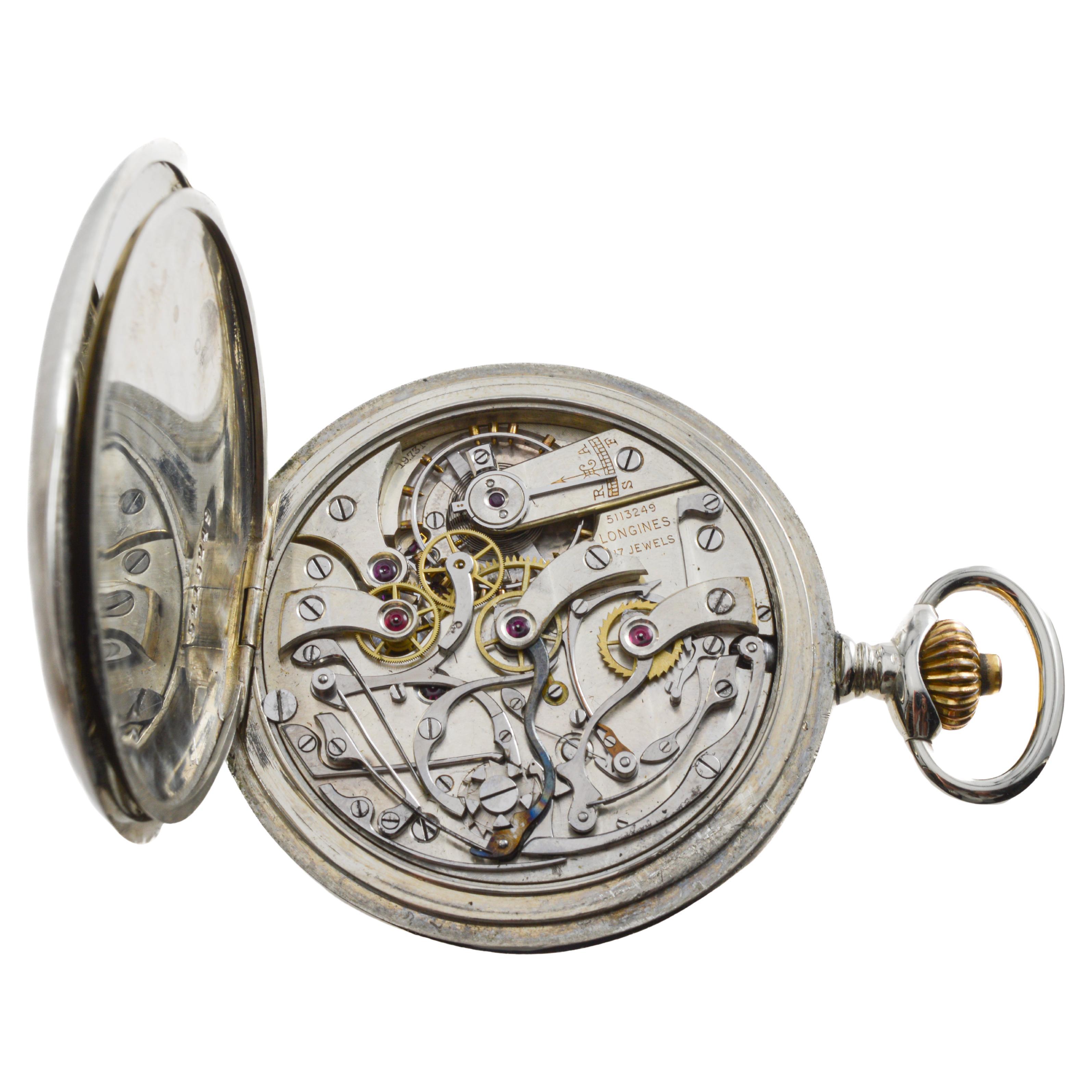 Longines Nickel Silver Chronograph Large Pocket Watch with Flawless Enamel Dial 12