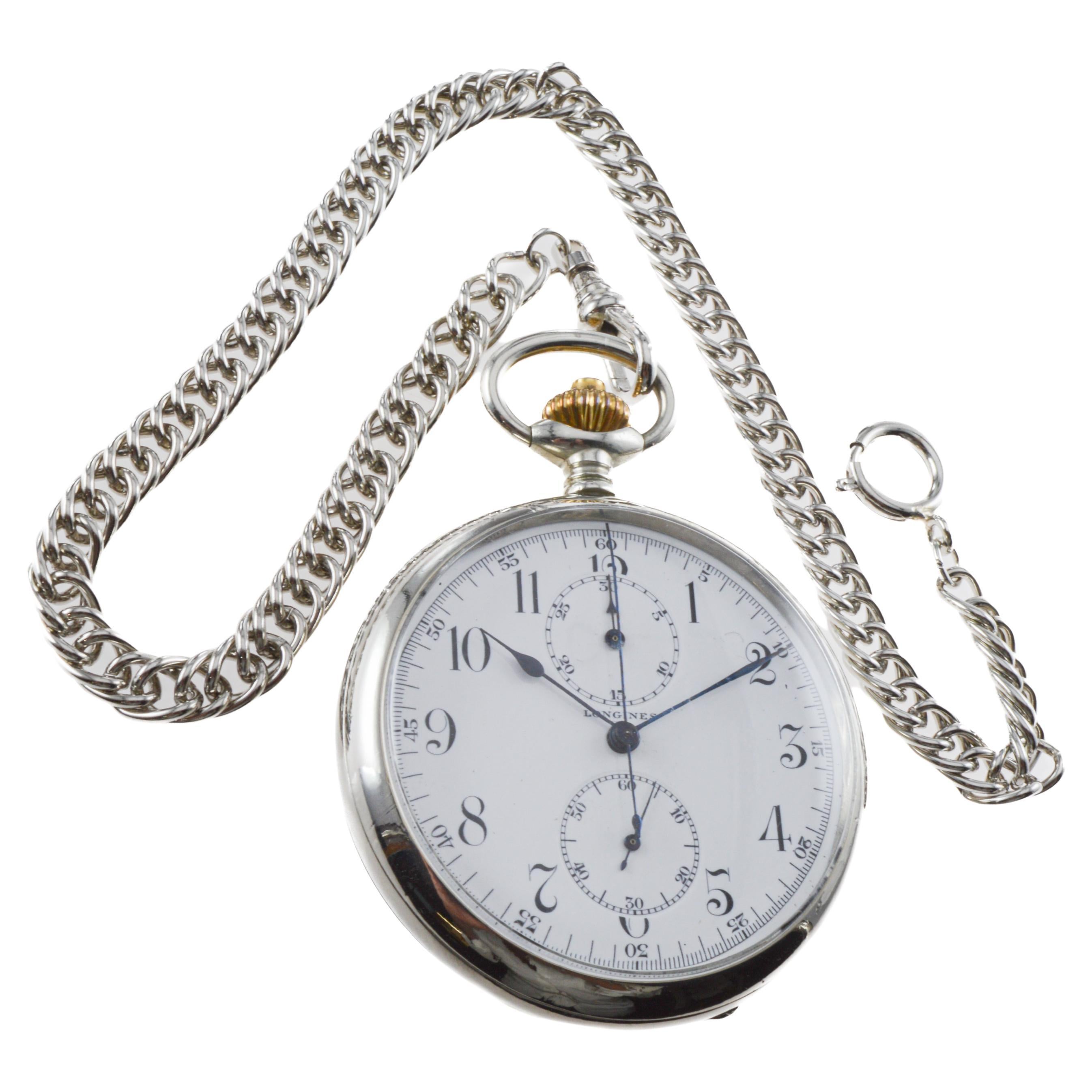 FACTORY / HOUSE: Longines Watch Company
STYLE / REFERENCE: Open Faced / Pocket Watch
METAL / MATERIAL: Nickel Silver
DIMENSIONS: Diameter 52mm 
CIRCA / YEAR: 1931
MOVEMENT / CALIBER: Manual Winding / 17 Jewels
DIAL / HANDS: Enamel with Breguet Style