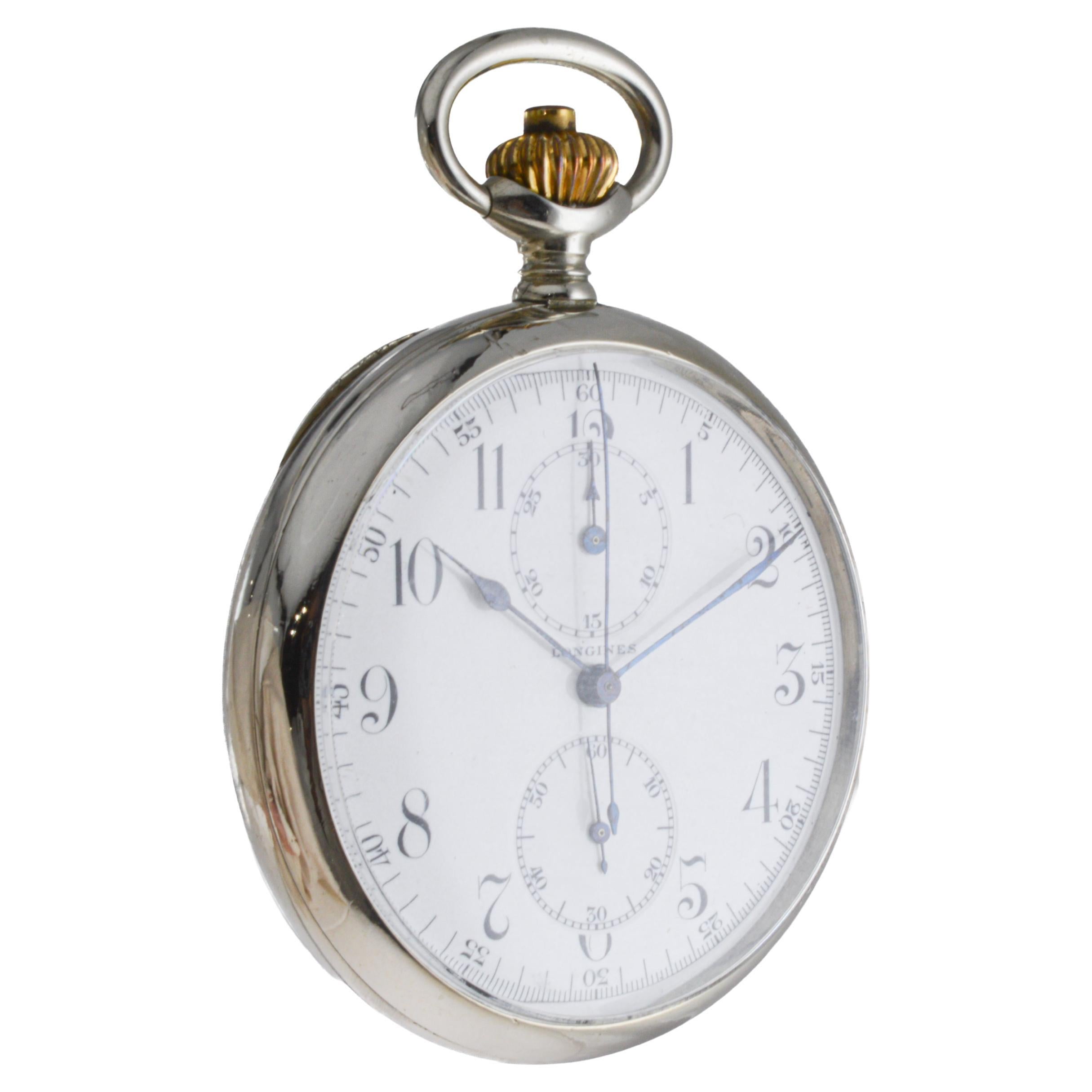 Longines Nickel Silver Chronograph Large Pocket Watch with Flawless Enamel Dial In Excellent Condition In Long Beach, CA