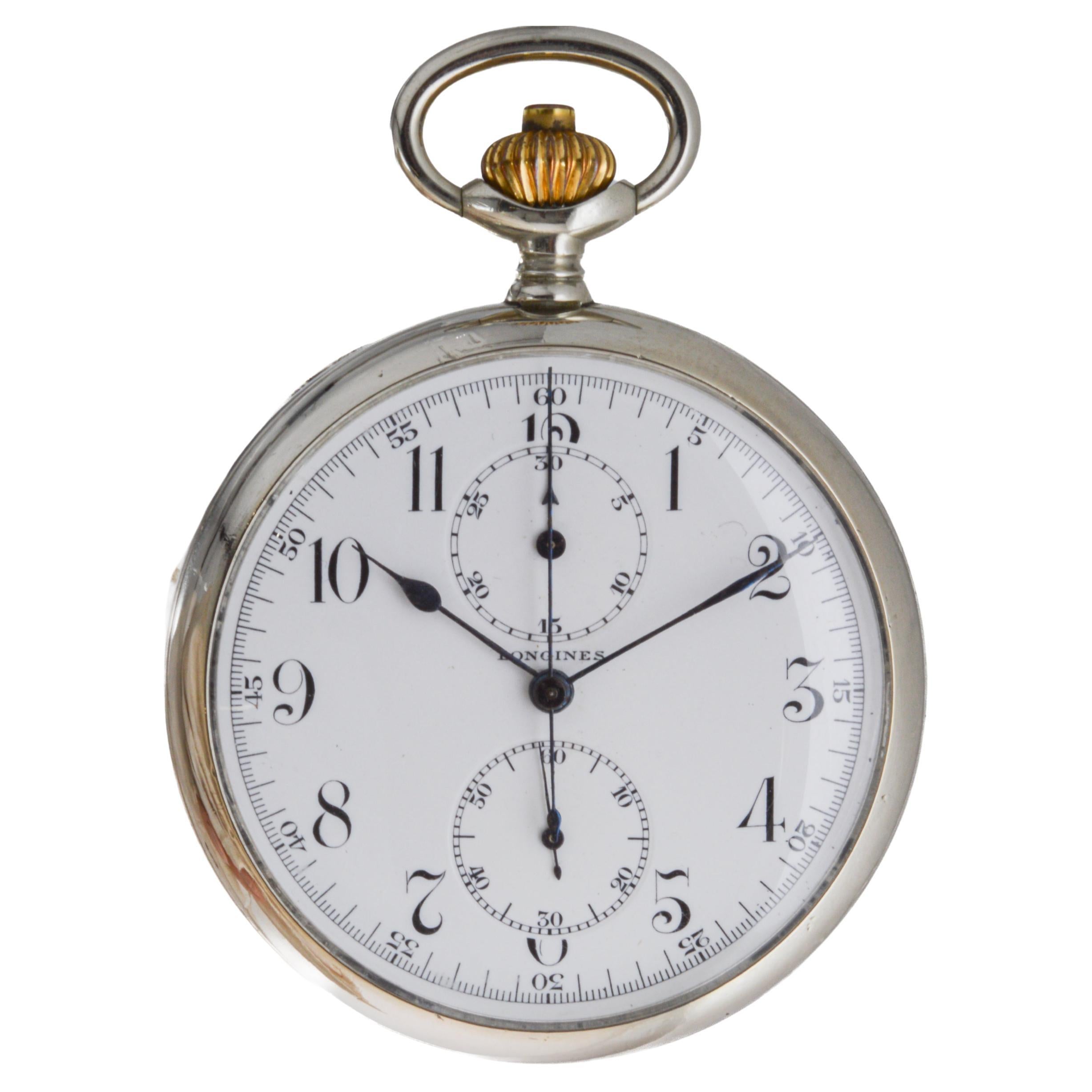 Longines Nickel Silver Chronograph Large Pocket Watch with Flawless Enamel Dial 1