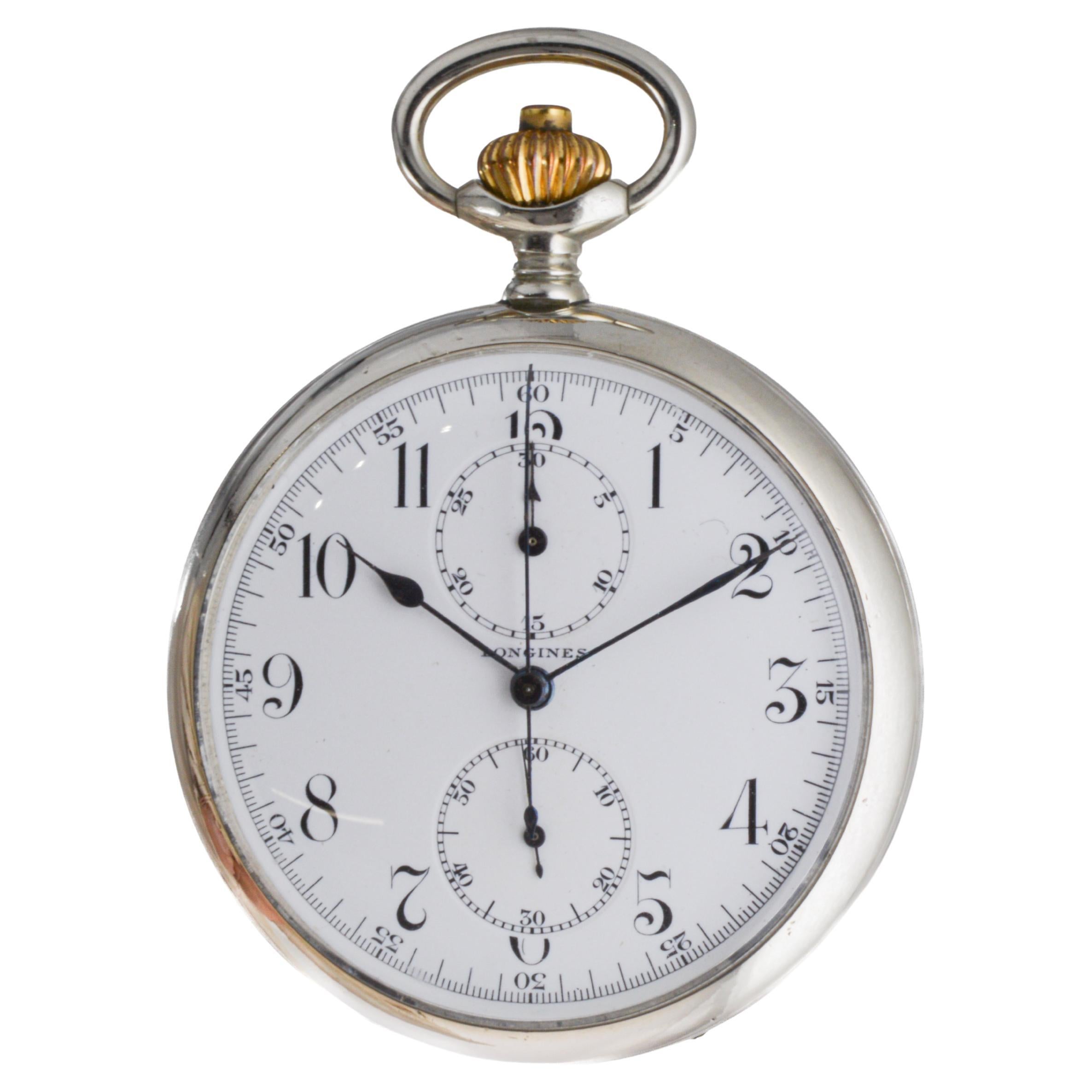 Longines Nickel Silver Chronograph Large Pocket Watch with Flawless Enamel Dial 2