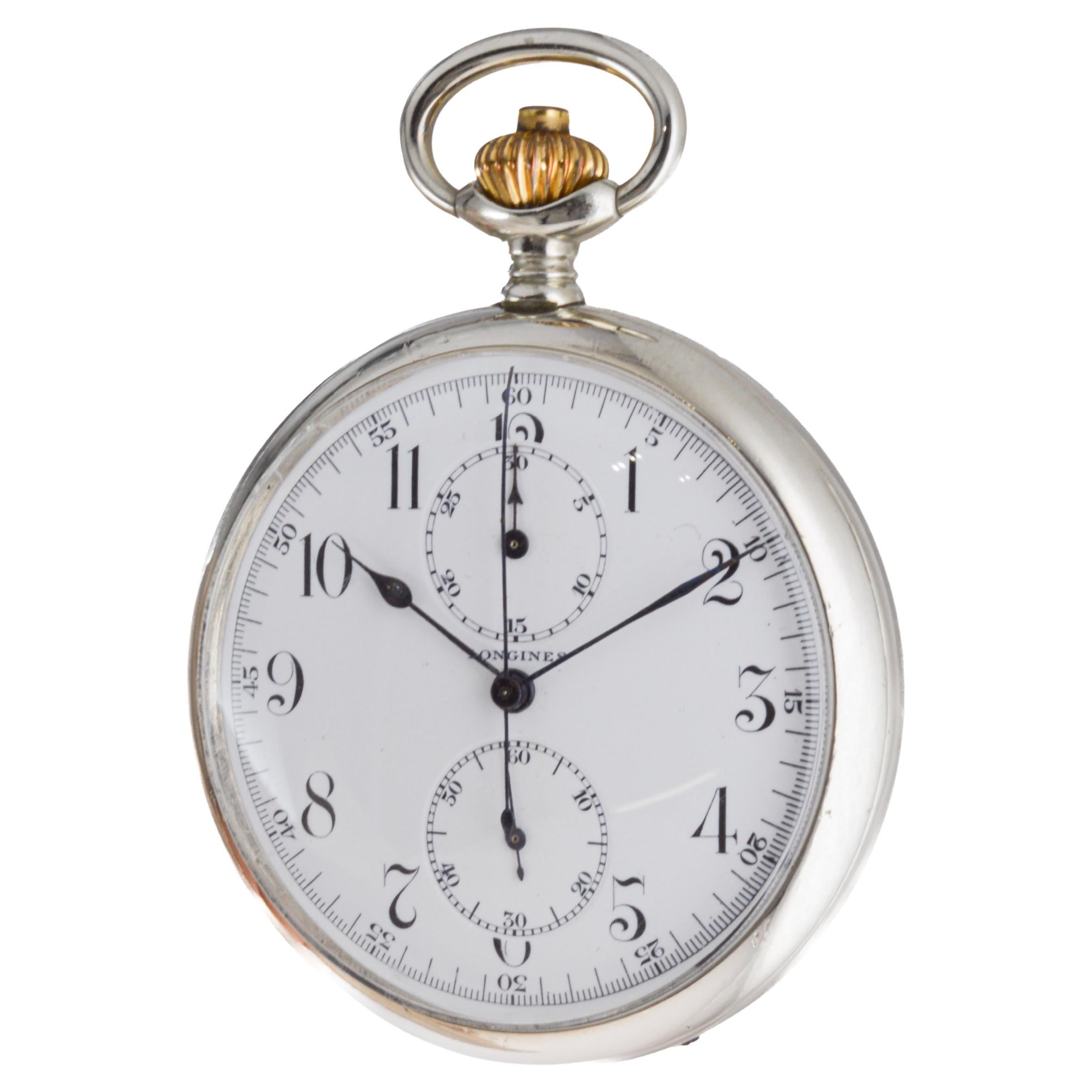 Longines Nickel Silver Chronograph Large Pocket Watch with Flawless Enamel Dial 3