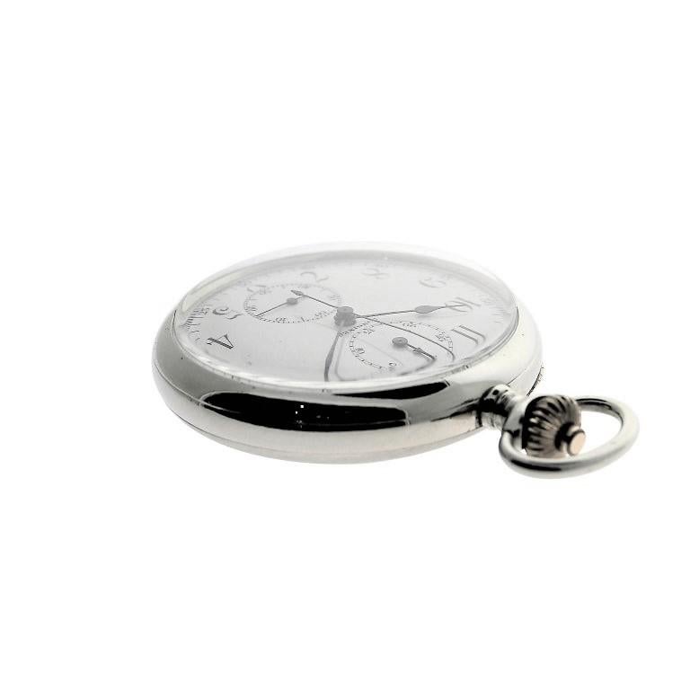 FACTORY / HOUSE: Longines Watch Company
STYLE / REFERENCE: Open Faced / Pocket Watch
METAL / MATERIAL: Nickel
DIMENSIONS: Diameter 52mm 
CIRCA: 1915
MOVEMENT / CALIBER:  Winding / 17Jewels
DIAL / HANDS:  Enamel with Breguet Style Numbers / Blued
