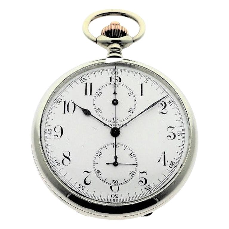Longines Nickel Silver Enamel Dial Chronograph Pocket Watch