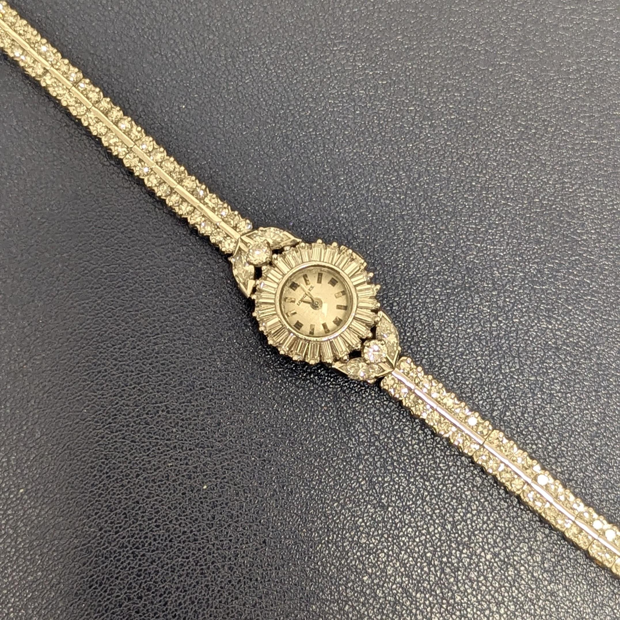 Marquise Cut Longines Platinum and Diamond Wristwatch For Sale