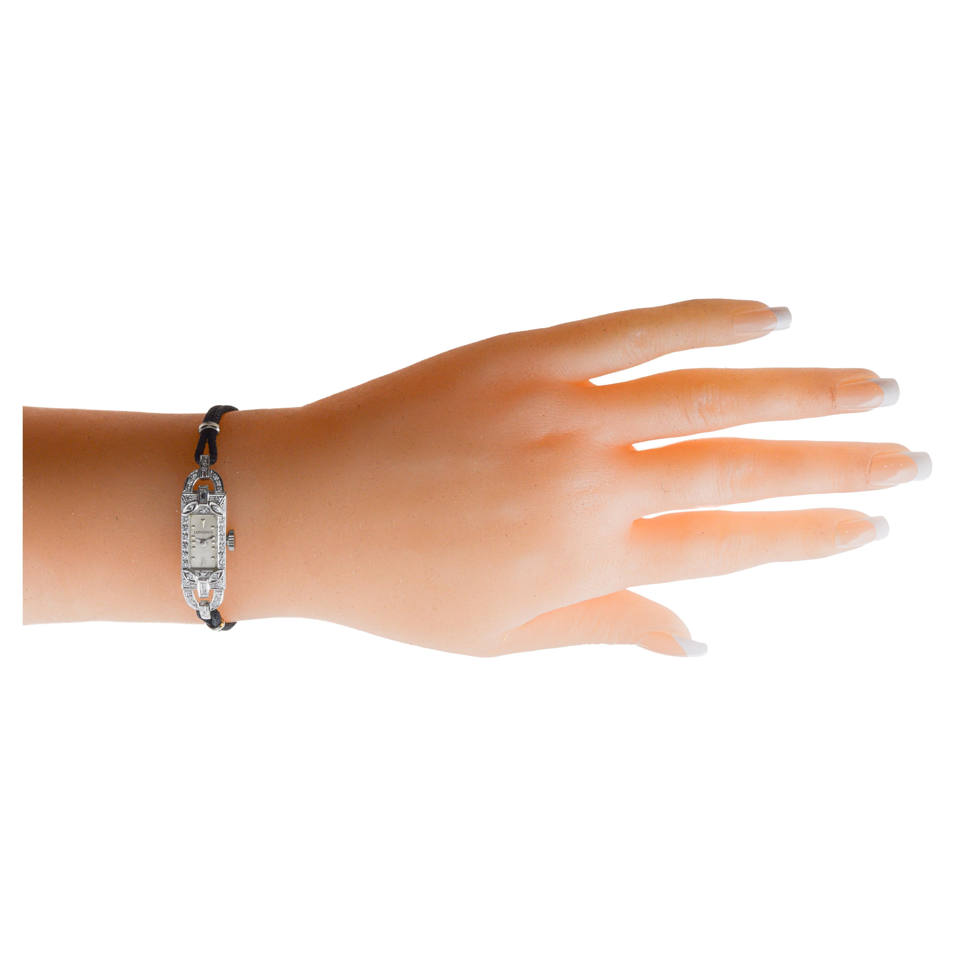 Longines Platinum Art Deco Ladies Dress Watch with Adjustable Cord Band For Sale 9