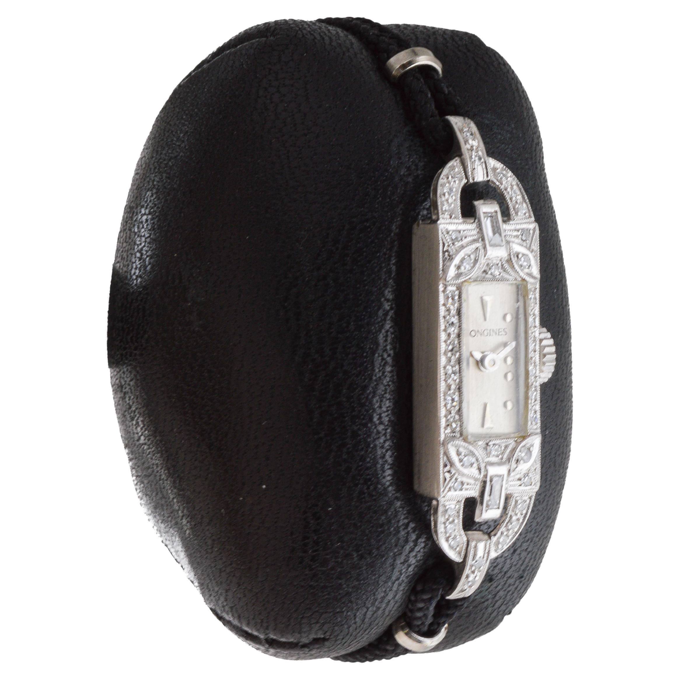 FACTORY / HOUSE: Longines Watch Company
STYLE / REFERENCE: Art Deco
METAL / MATERIAL: Platinum
CIRCA / YEAR: 1940's
DIMENSIONS / SIZE: Length 37mm X Width 10mm
MOVEMENT / CALIBER: Manual Winding / 17 Jewels / Caliber 510
DIAL / HANDS: Original