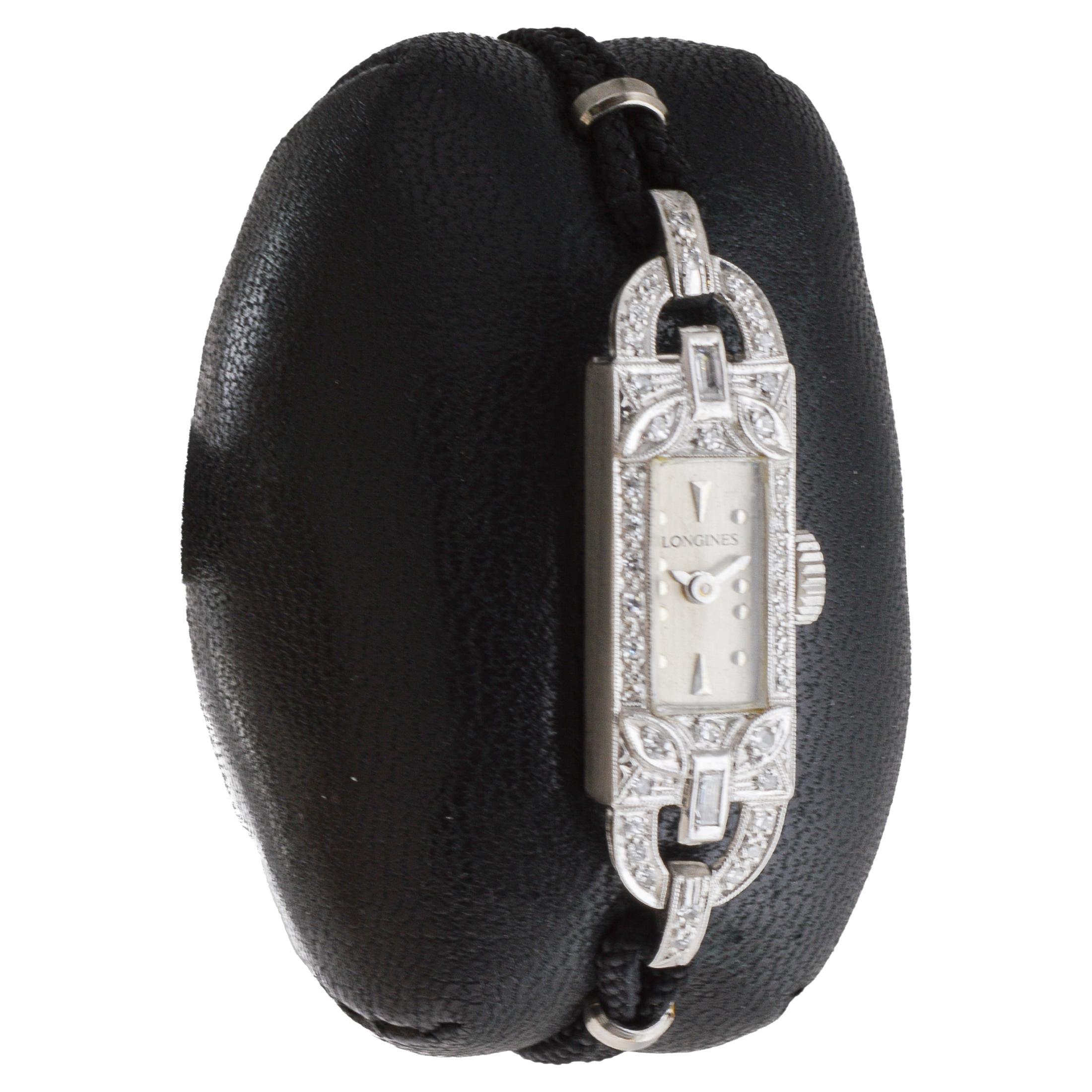 Longines Platinum Art Deco Ladies Dress Watch with Adjustable Cord Band In Excellent Condition For Sale In Long Beach, CA