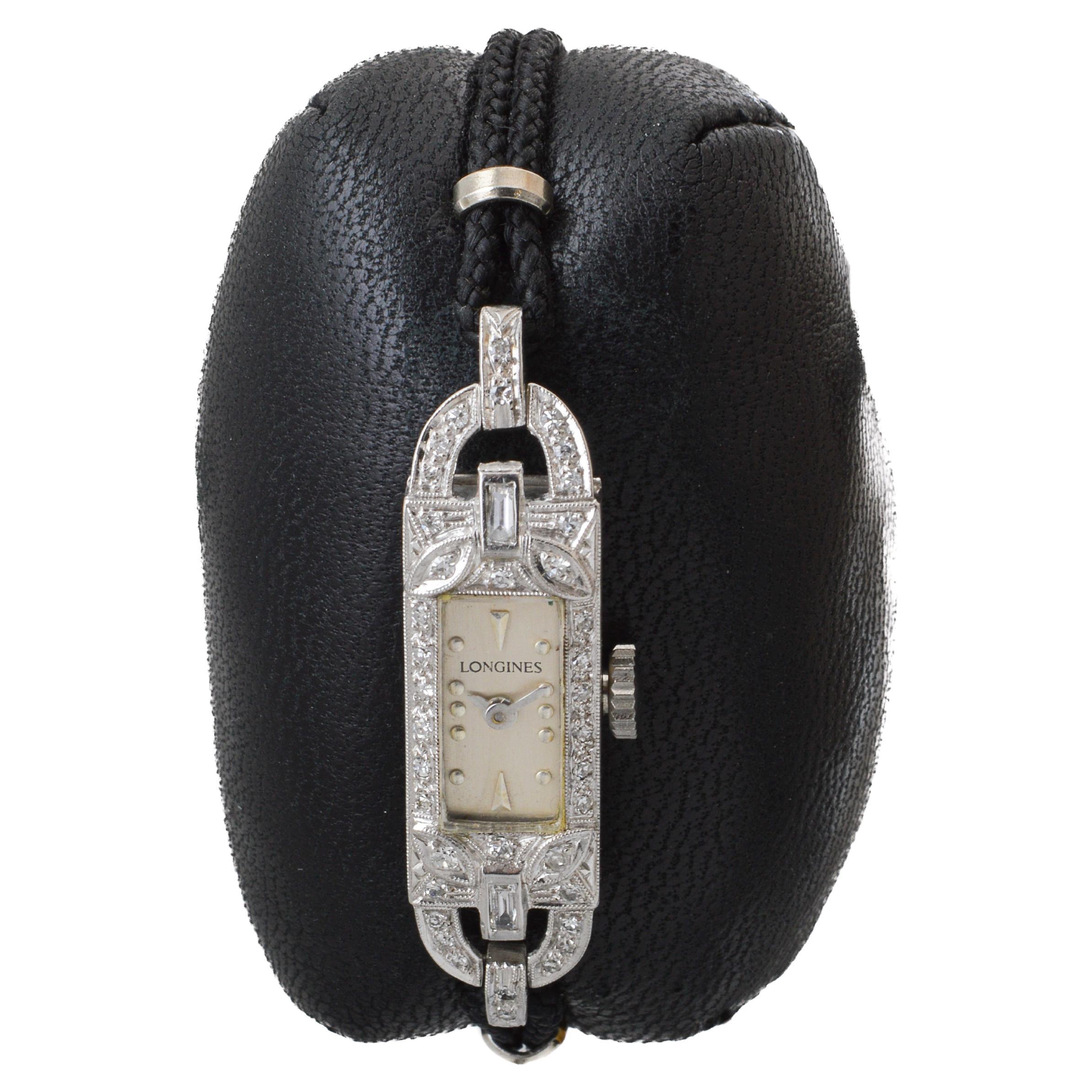 Women's Longines Platinum Art Deco Ladies Dress Watch with Adjustable Cord Band For Sale