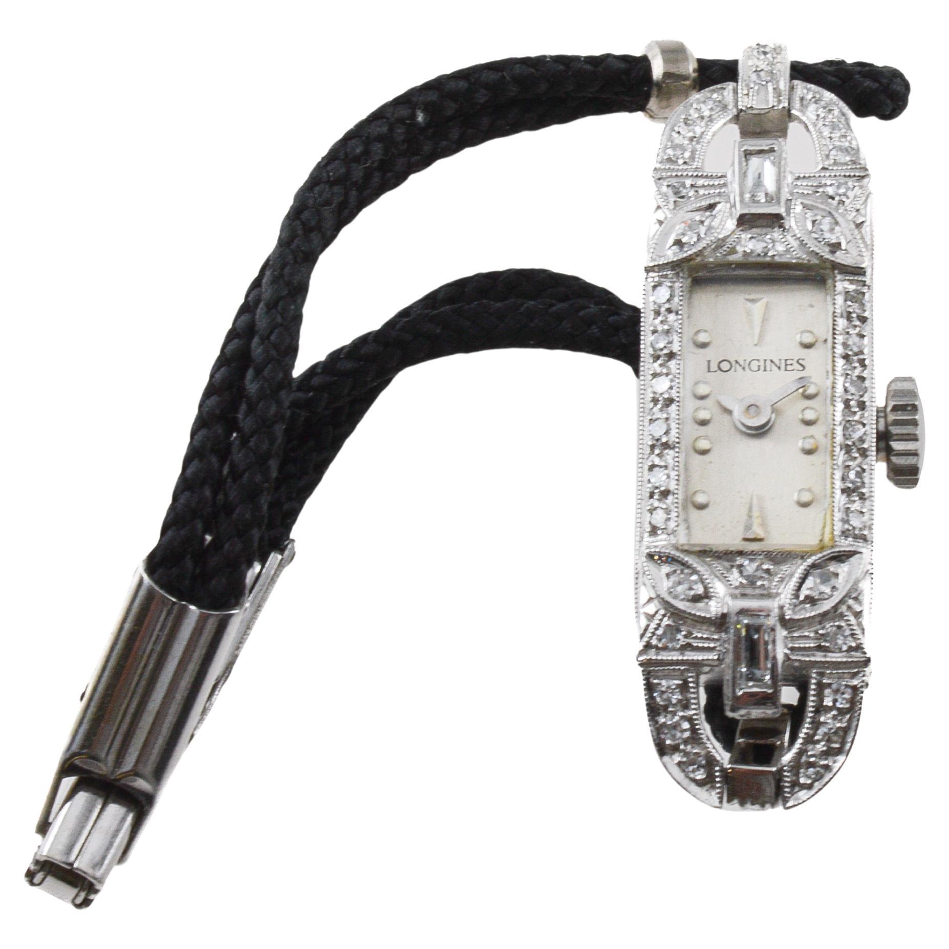 Longines Platinum Art Deco Ladies Dress Watch with Adjustable Cord Band For Sale 3